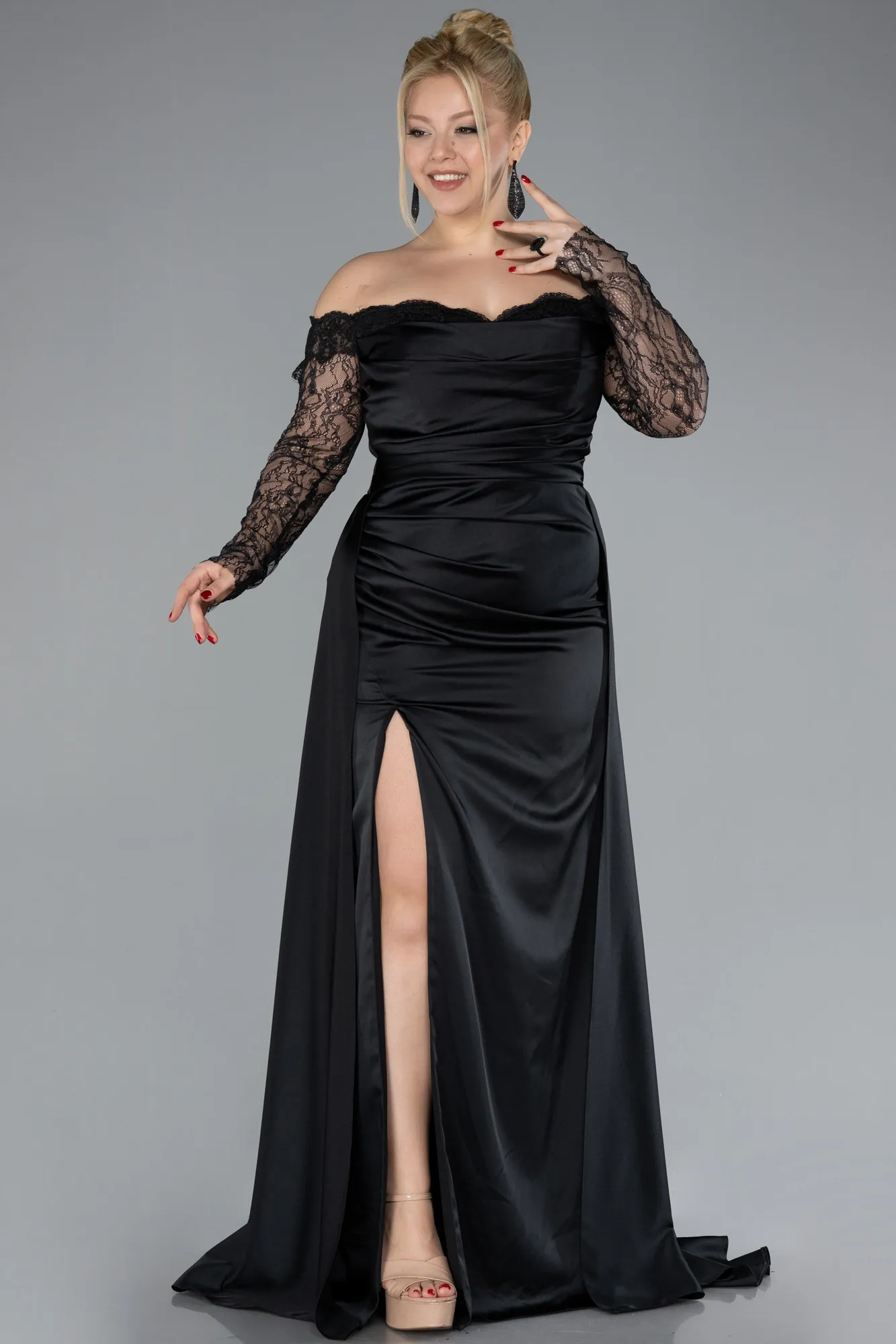 Black-Laced Long Sleeve Slit Satin Plus Size Evening Dress ABU4348