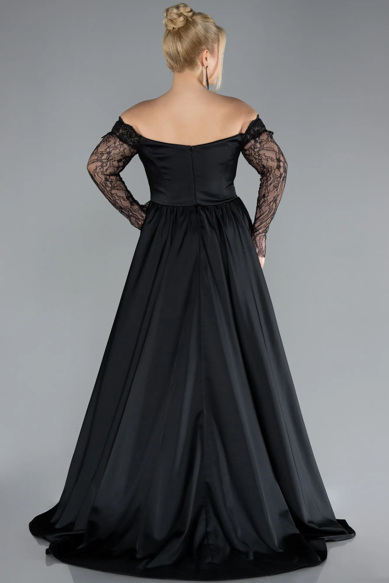 Black-Laced Long Sleeve Slit Satin Plus Size Evening Dress ABU4348