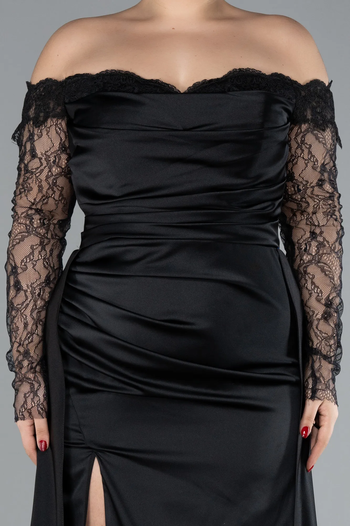 Black-Laced Long Sleeve Slit Satin Plus Size Evening Dress ABU4348