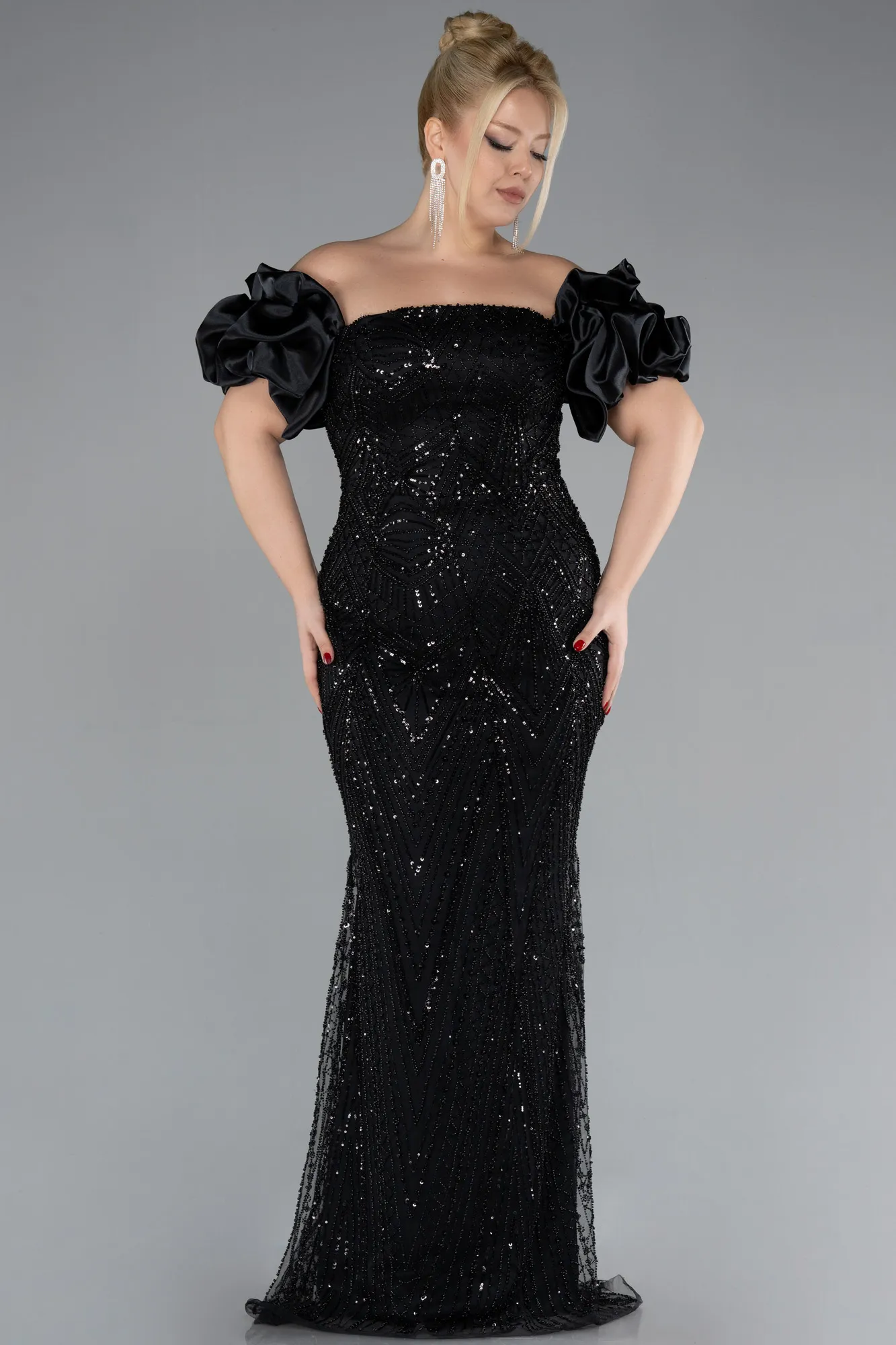 Black-Long Beaded Plus Size Engagement Dress ABU4413