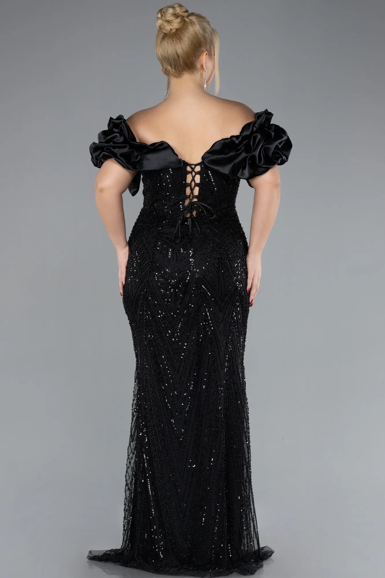 Black-Long Beaded Plus Size Engagement Dress ABU4413