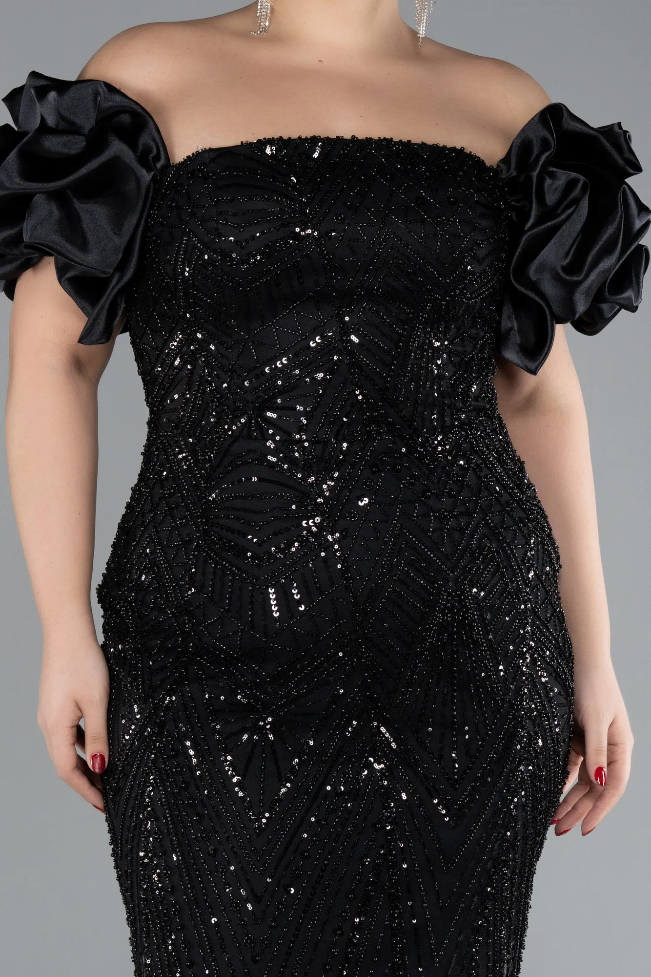 Black-Long Beaded Plus Size Engagement Dress ABU4413