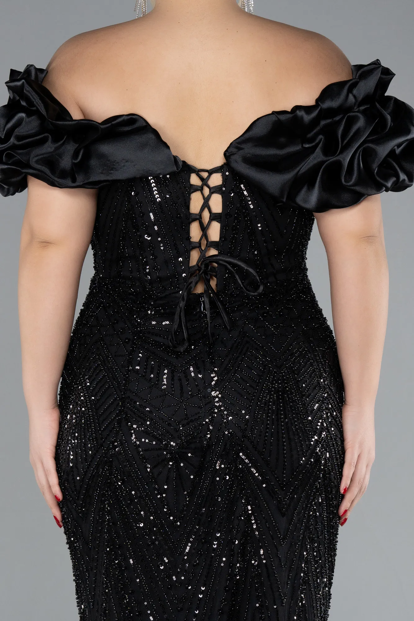 Black-Long Beaded Plus Size Engagement Dress ABU4413