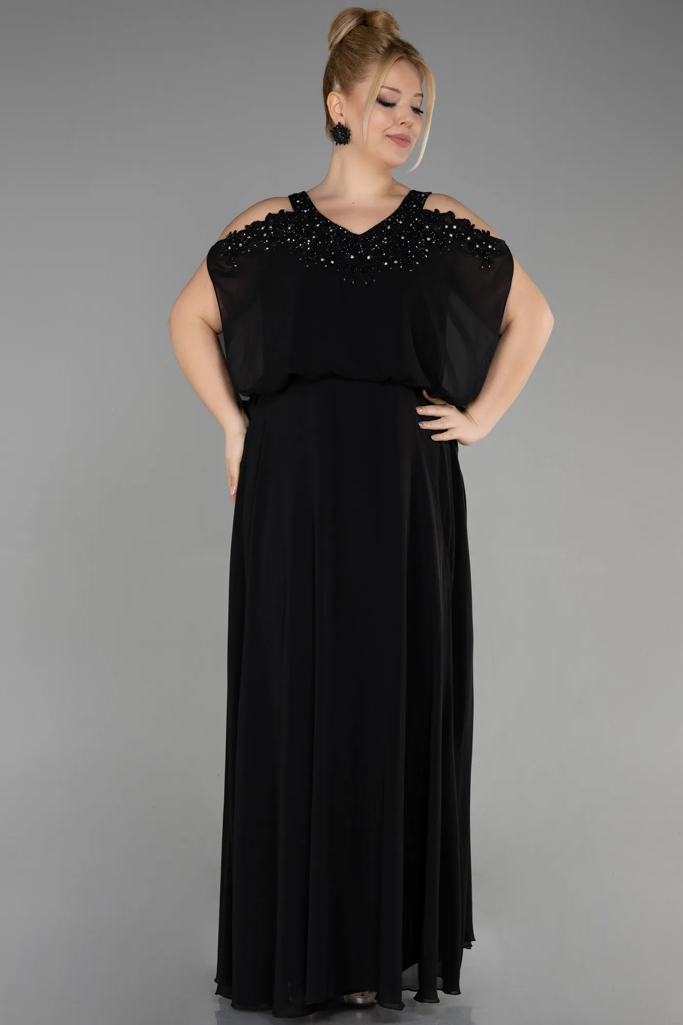 Black-Long Chiffon Designer Plus Size Gowns ABU3649