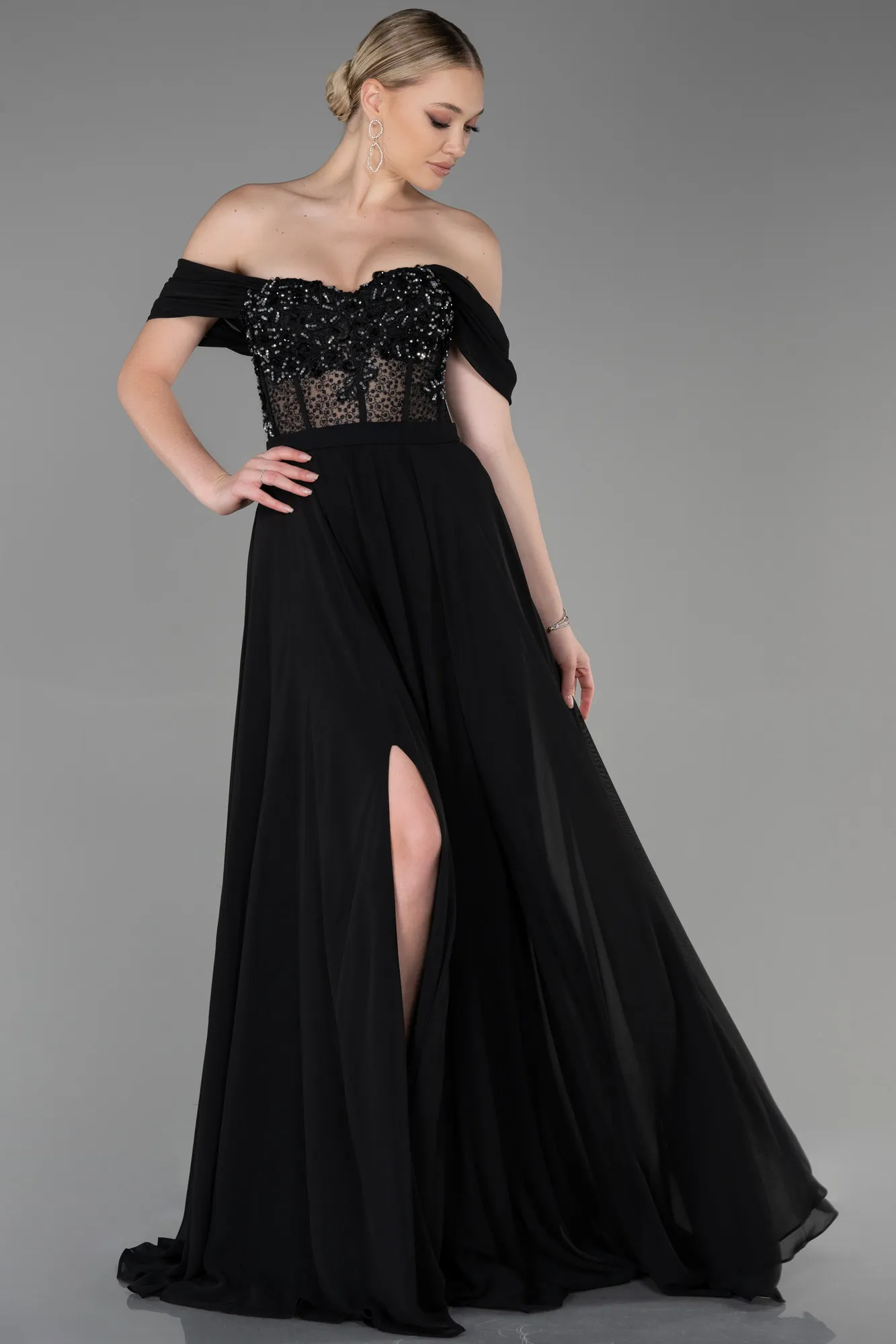 Black-Long Chiffon Evening Dress ABU3310