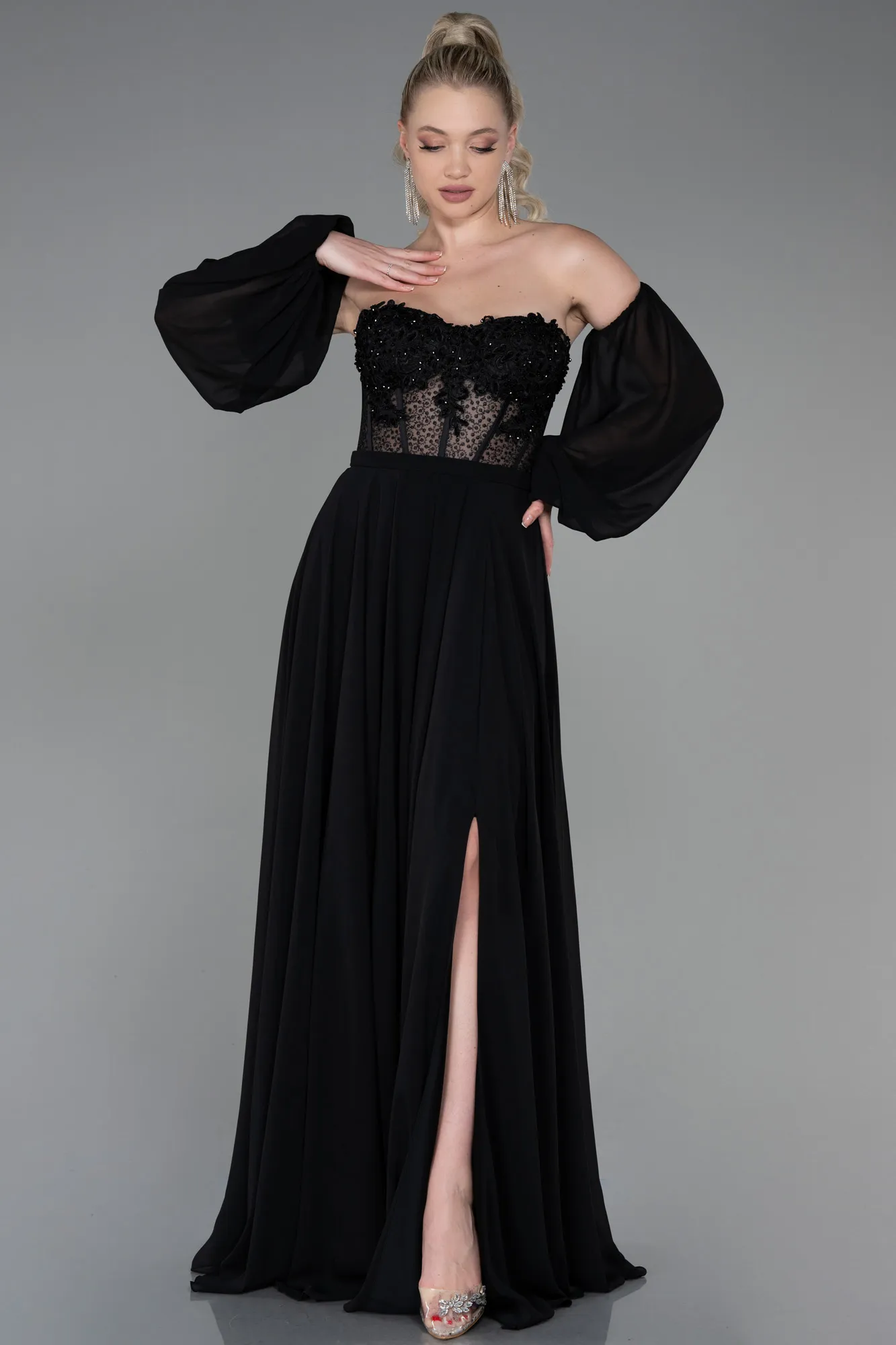 Black-Long Chiffon Evening Dress ABU3450