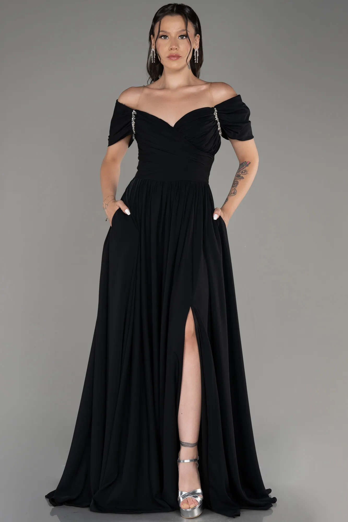 Black-Long Chiffon Evening Dress ABU3827