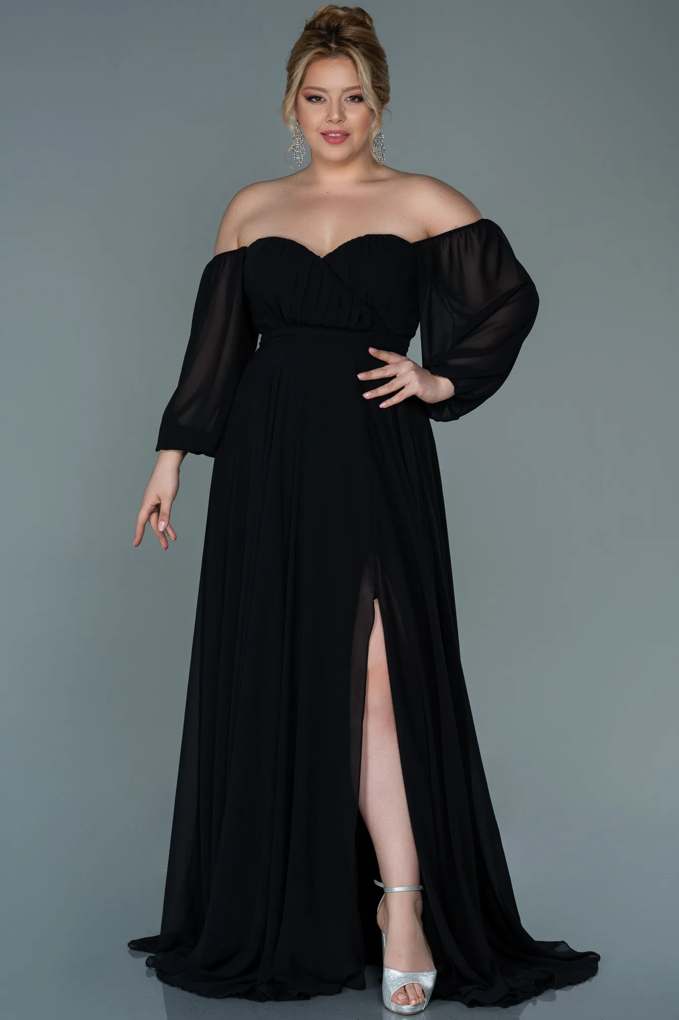 Black-Long Chiffon Oversized Evening Dress ABU2597