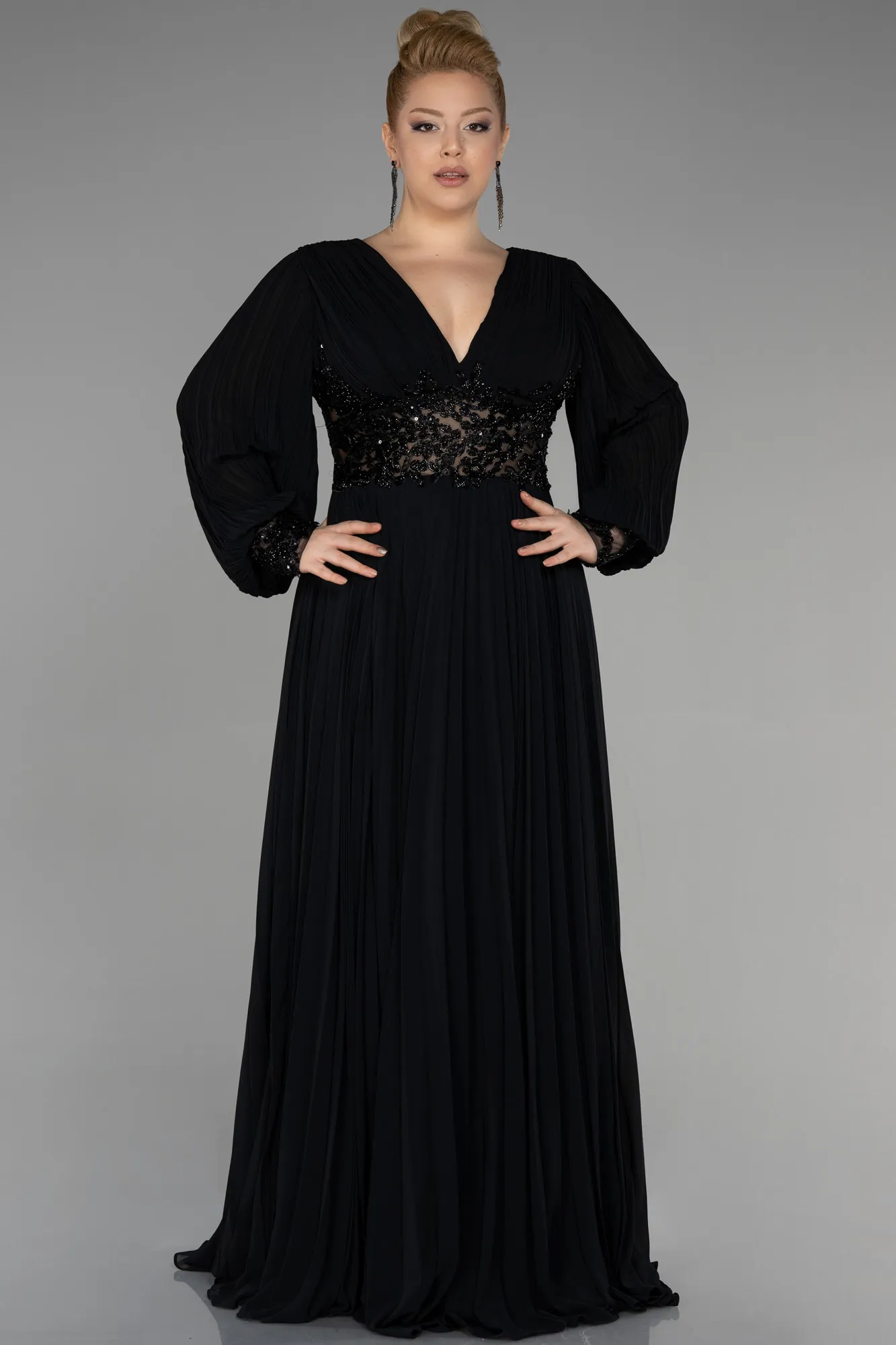 Black-Long Chiffon Plus Size Engagement Dress ABU3520