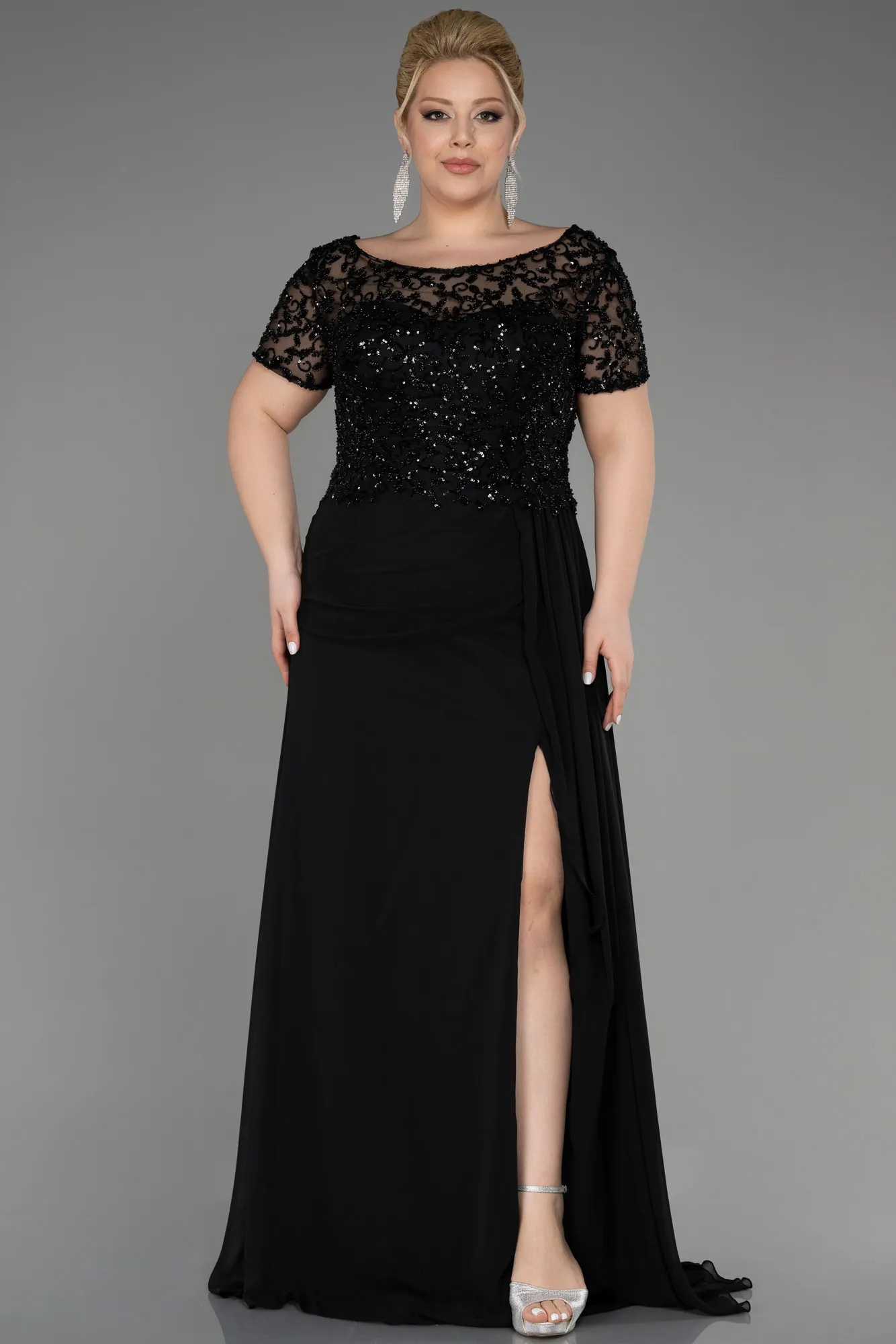 Black-Long Chiffon Plus Size Engagement Dress ABU3731
