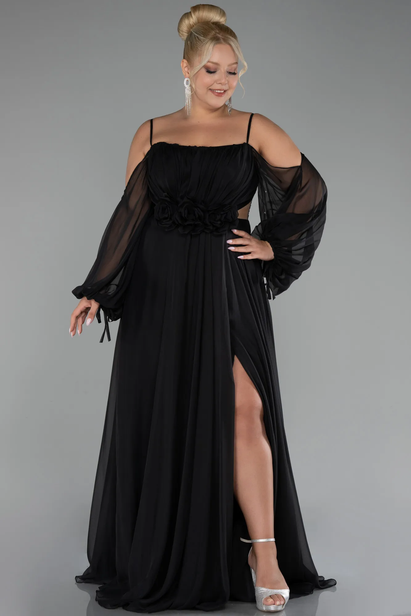 Black-Long Chiffon Plus Size Engagement Dress ABU4167