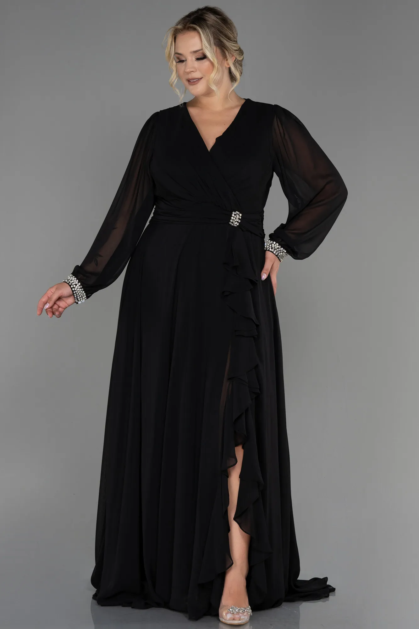 Black-Long Chiffon Plus Size Evening Dress ABU3222