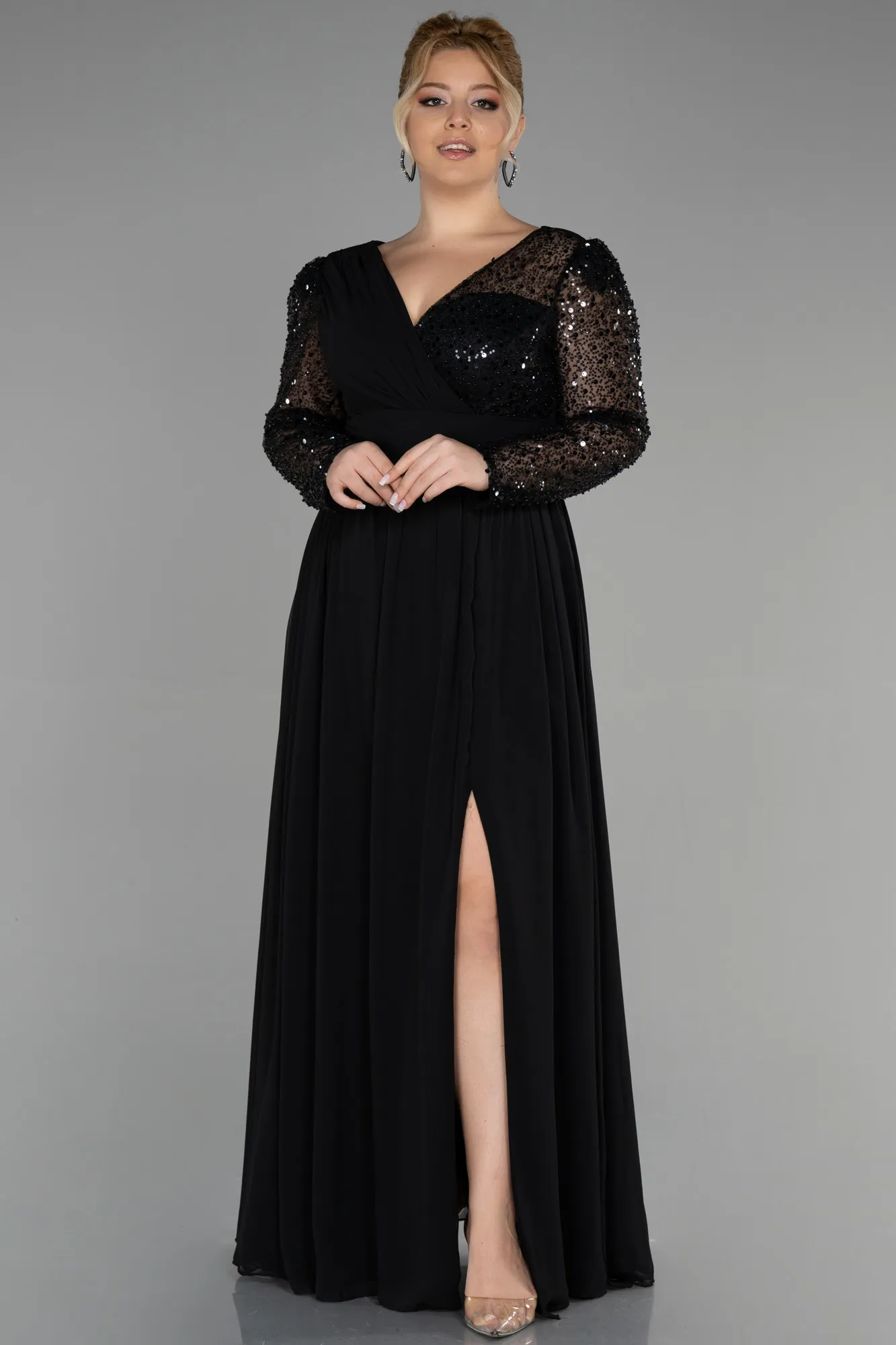 Black-Long Chiffon Plus Size Evening Dress ABU3264