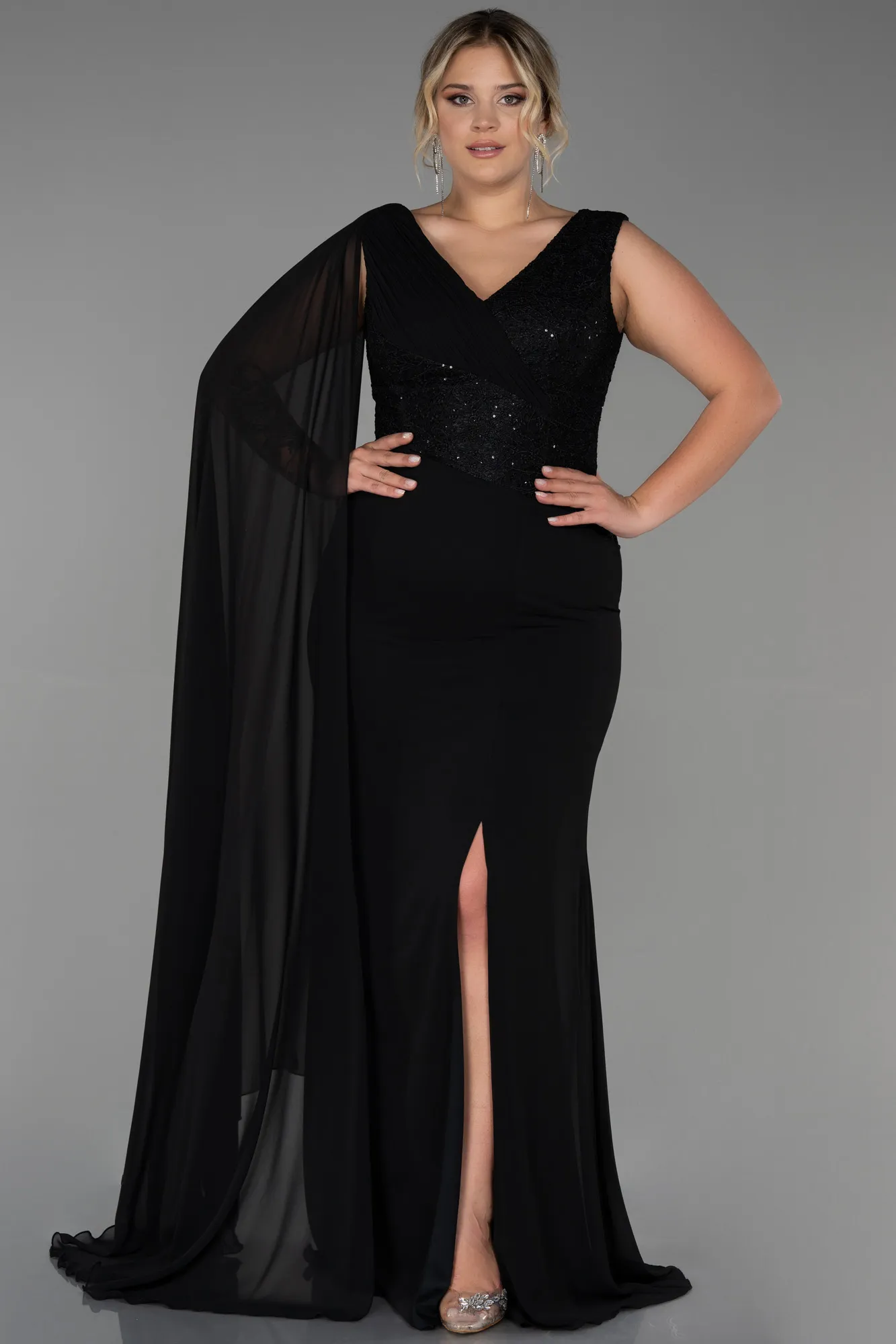 Black-Long Chiffon Plus Size Evening Dress ABU3288