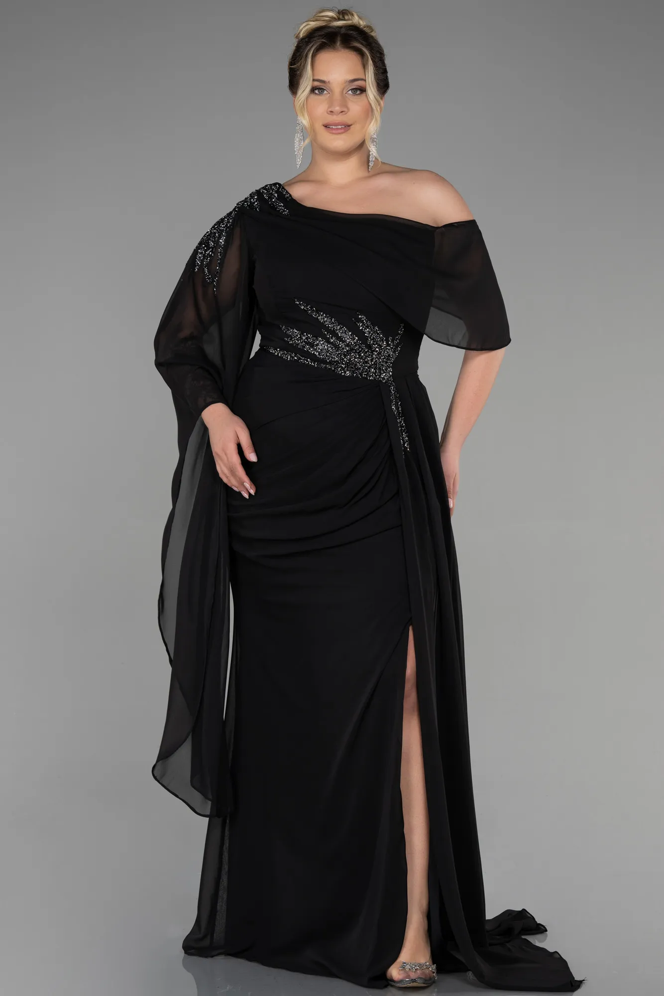 Black-Long Chiffon Plus Size Evening Dress ABU3434