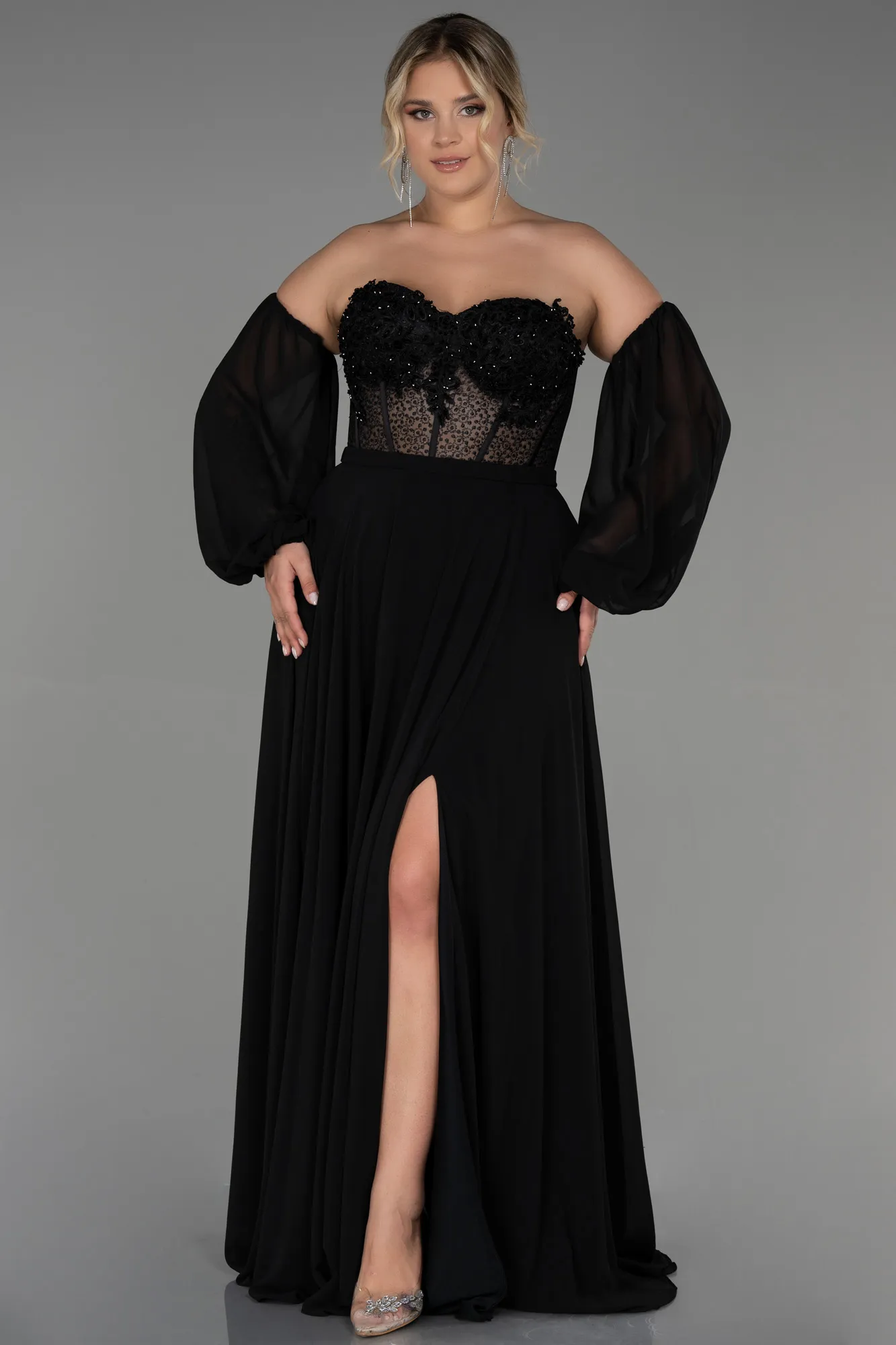 Black-Long Chiffon Plus Size Evening Dress ABU3451