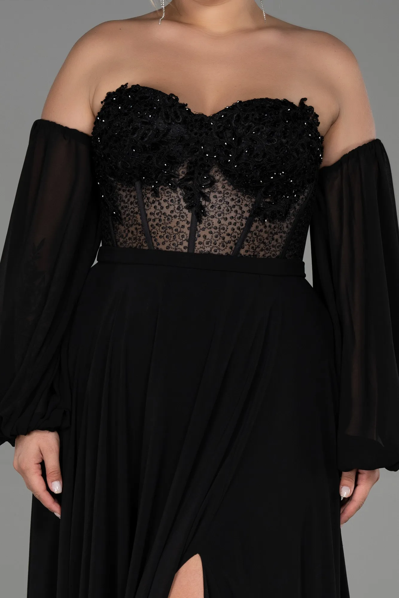 Black-Long Chiffon Plus Size Evening Dress ABU3451