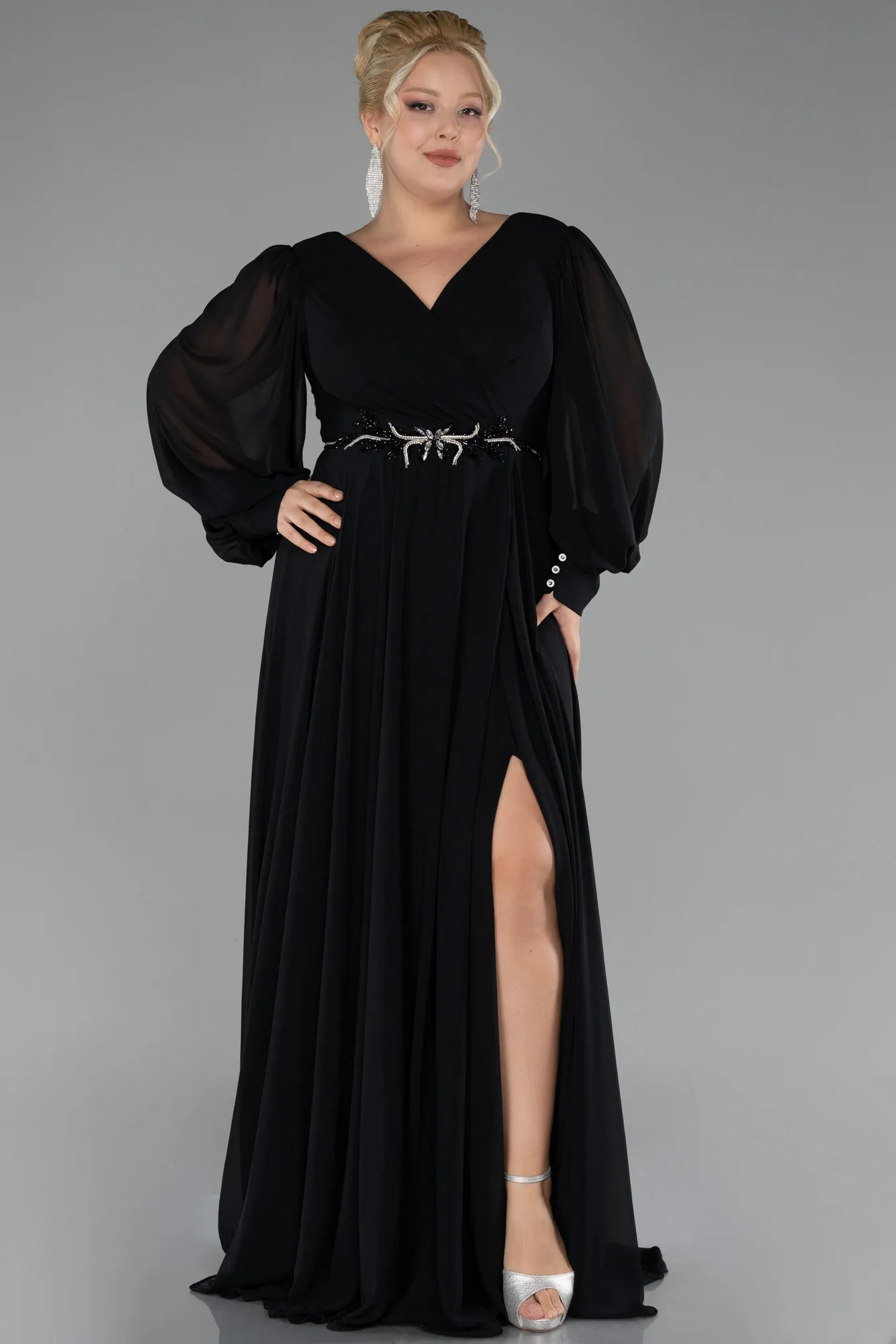 Black-Long Chiffon Plus Size Evening Dress ABU4262