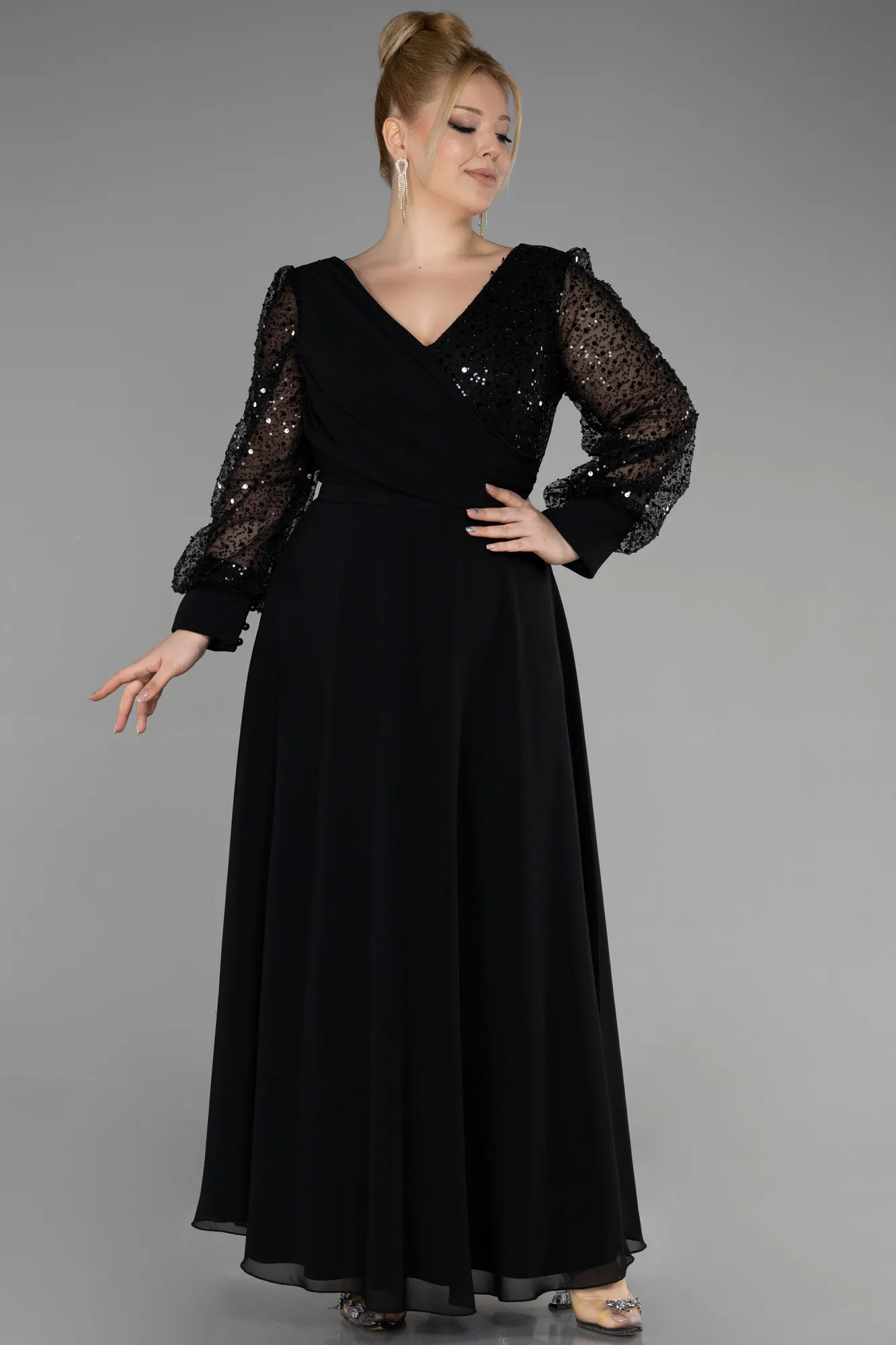 Black-Long Chiffon Plus Size Evening Gown ABU3643