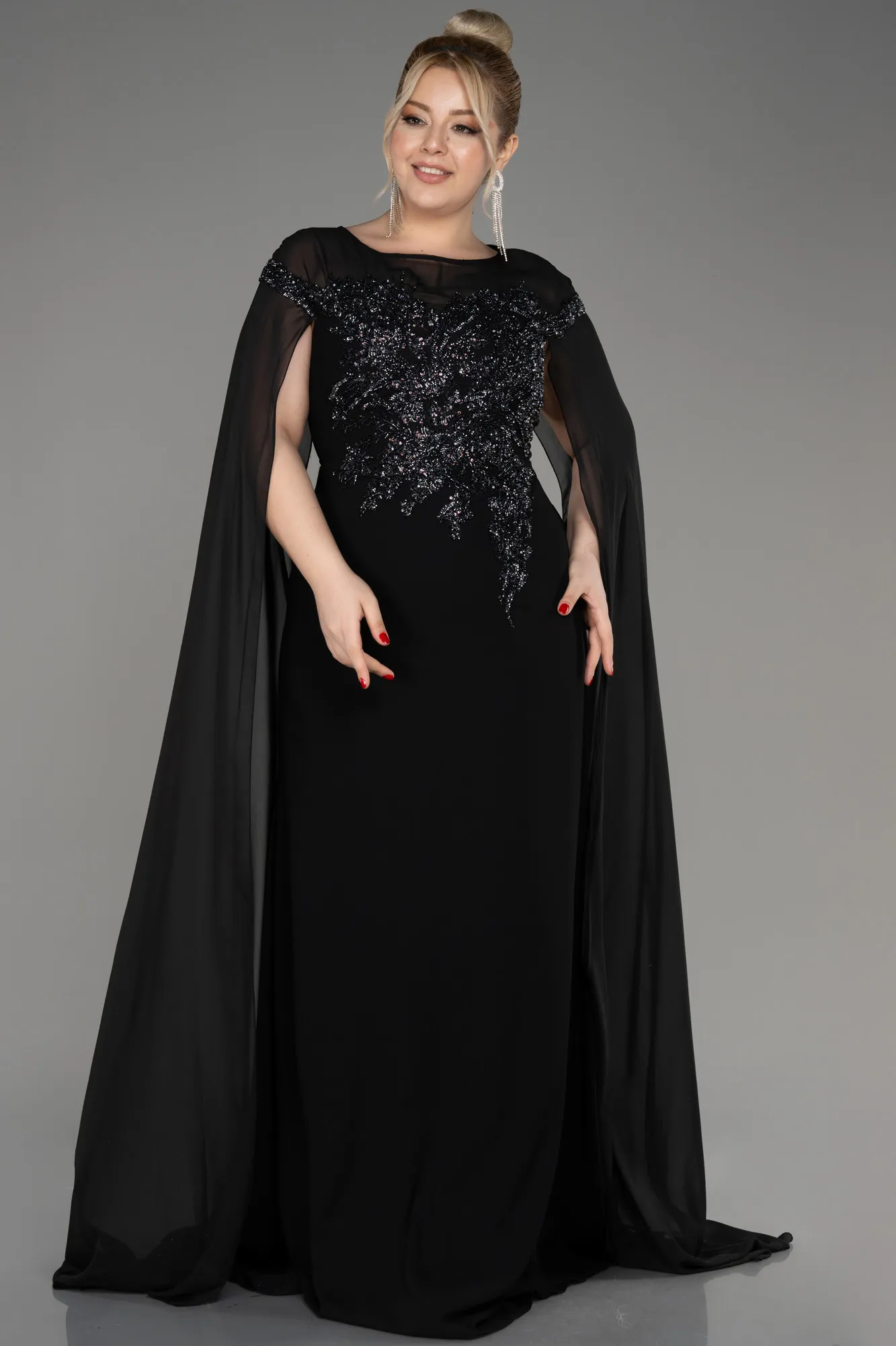 Black-Long Chiffon Sleeve Plus Size Evening Dress ABU3913