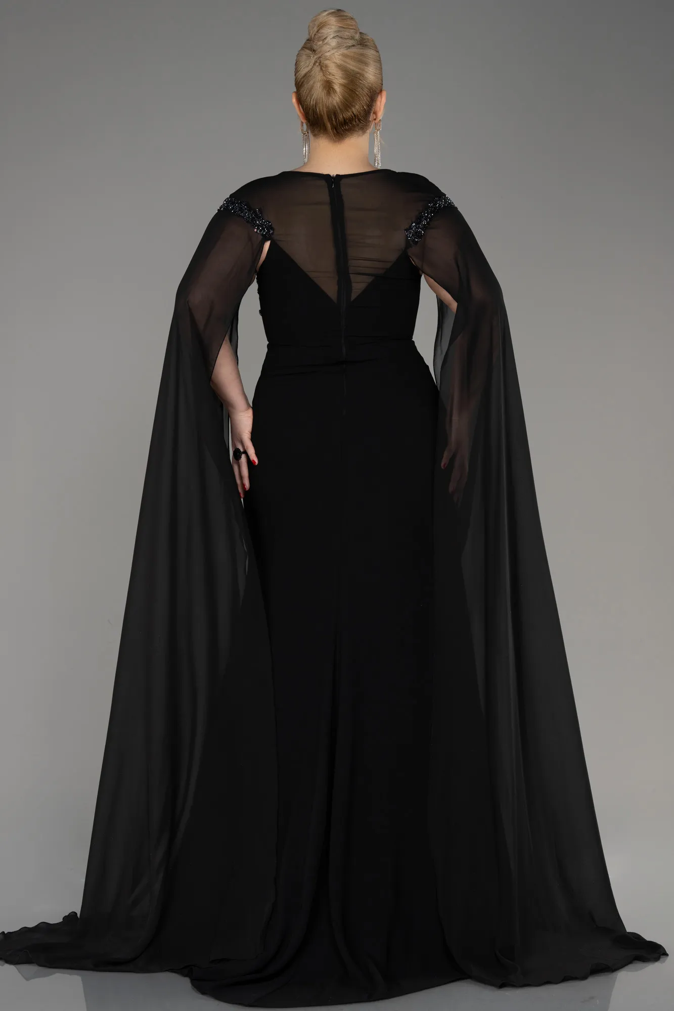 Black-Long Chiffon Sleeve Plus Size Evening Dress ABU3913