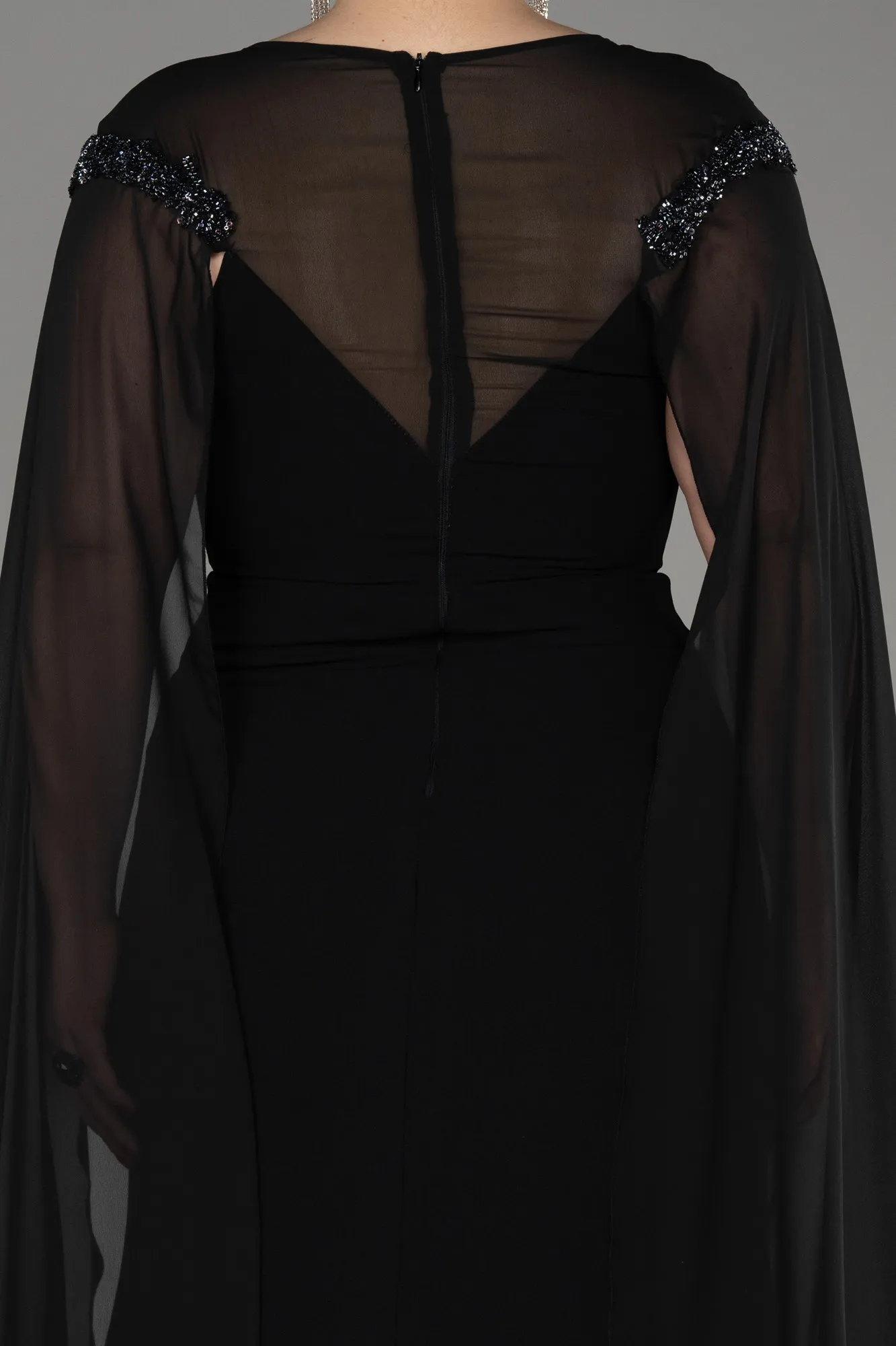 Black-Long Chiffon Sleeve Plus Size Evening Dress ABU3913