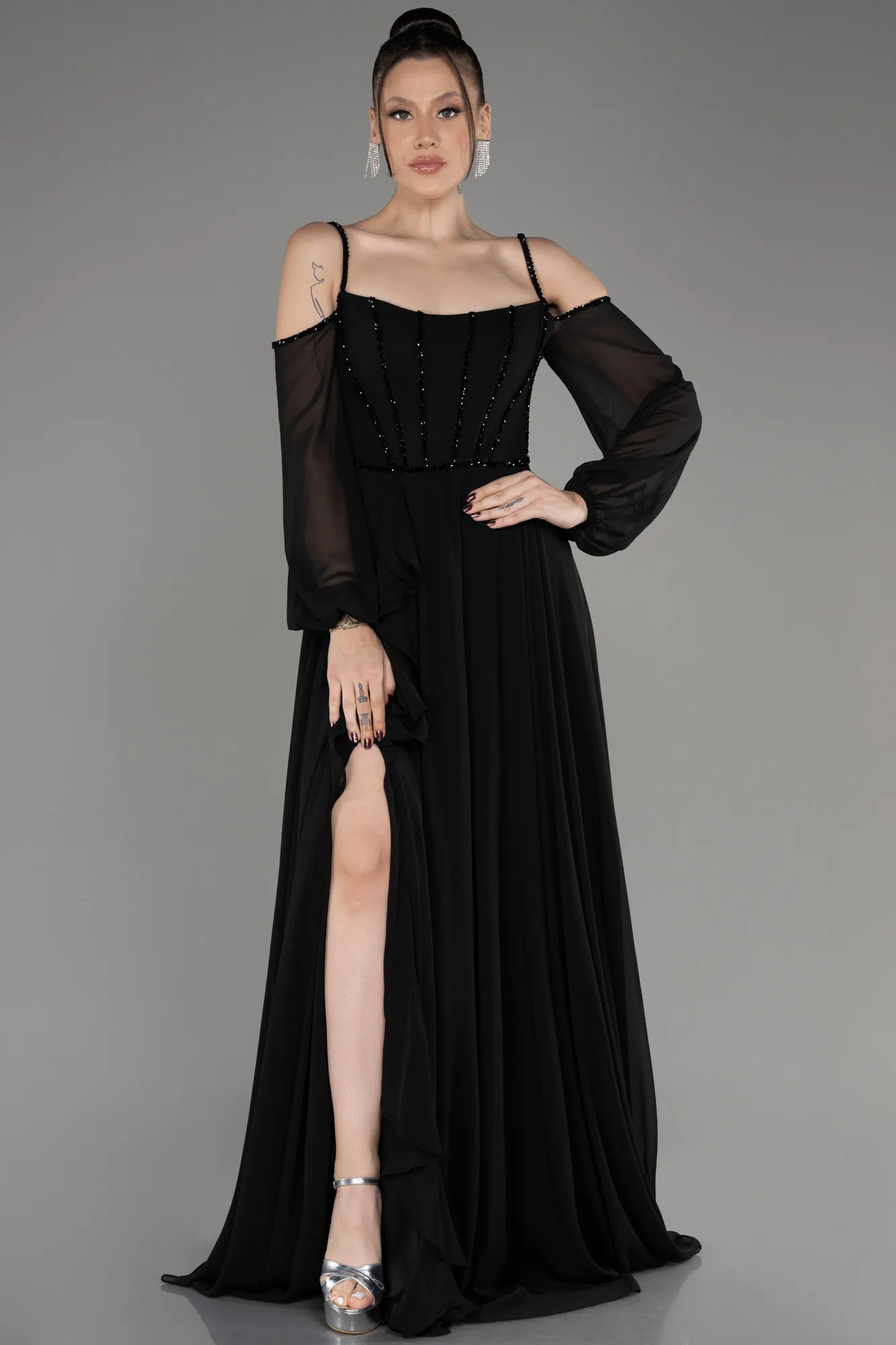 Black-Long Chiffon Slit Evening Dress ABU3914