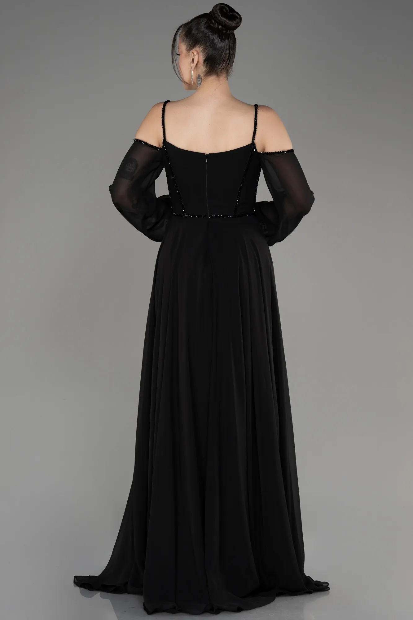 Black-Long Chiffon Slit Evening Dress ABU3914