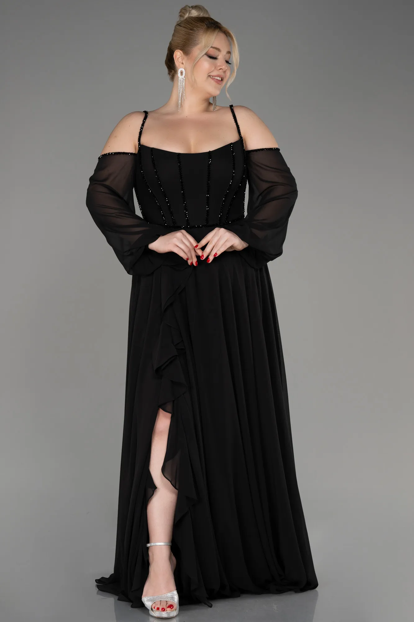 Black-Long Chiffon Slit Evening Dress ABU3915