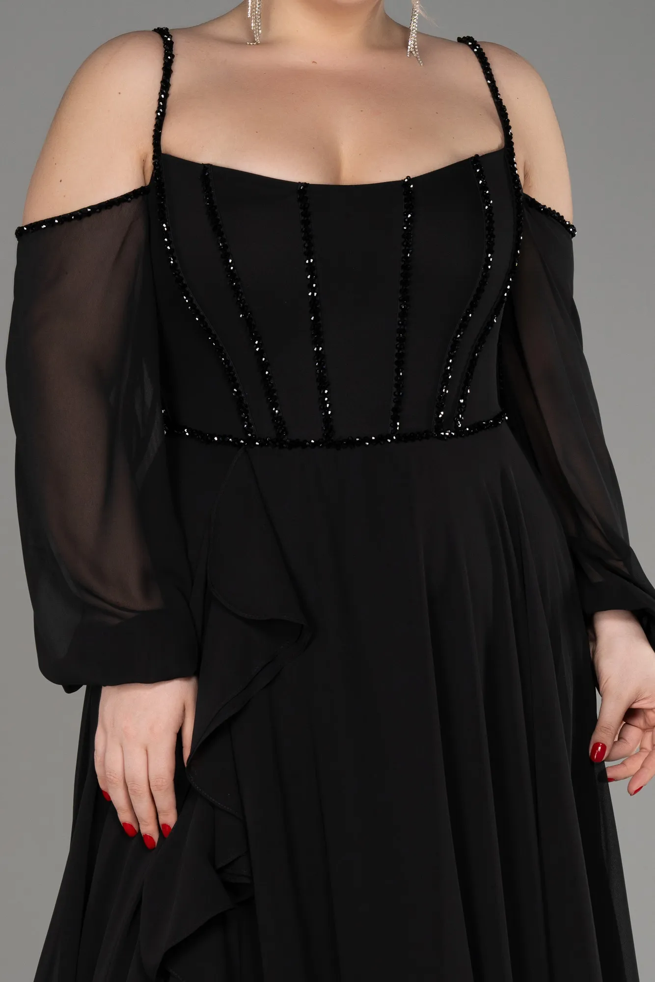 Black-Long Chiffon Slit Evening Dress ABU3915