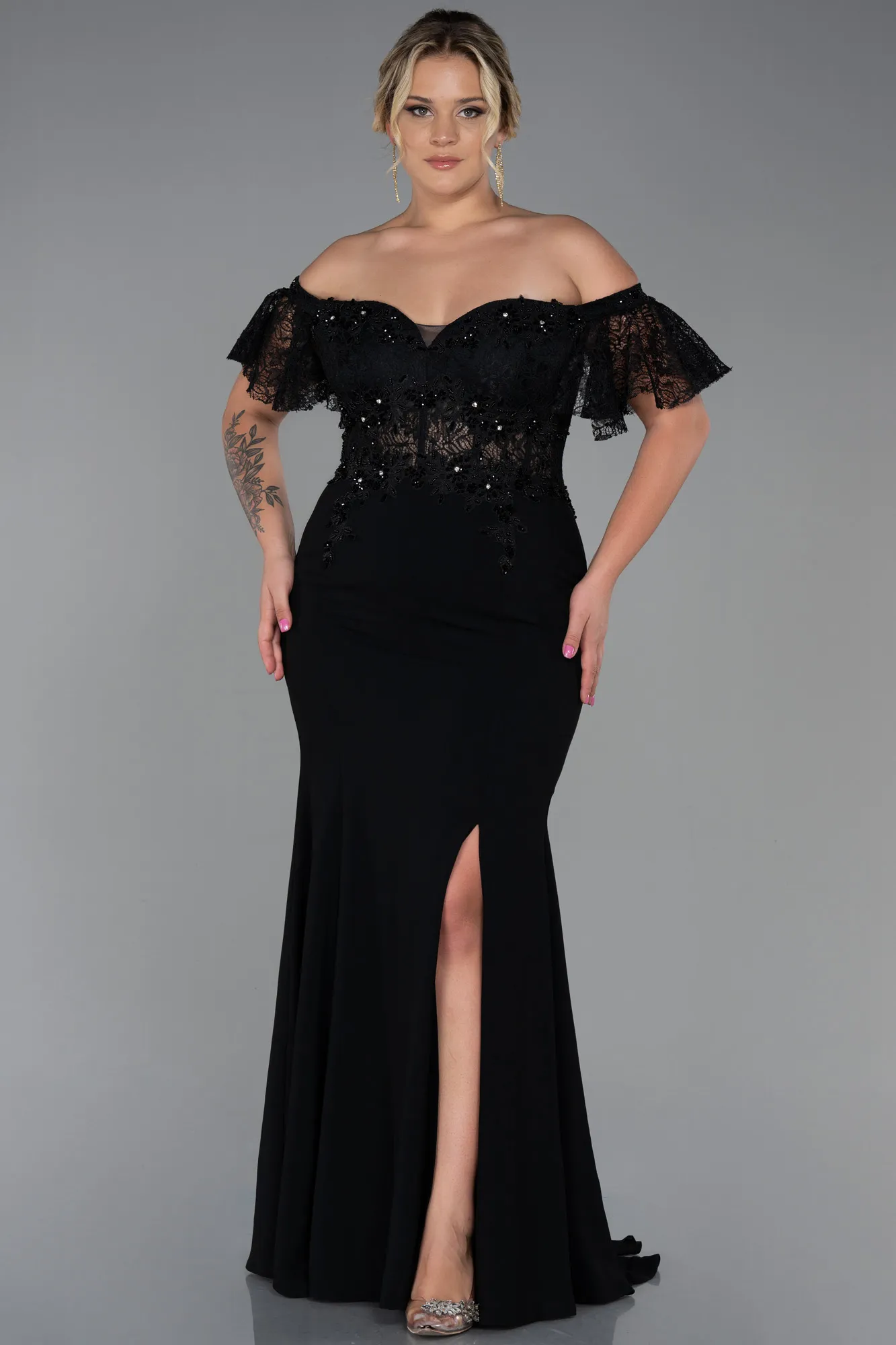 Black-Long Dantelle Plus Size Evening Dress ABU2571