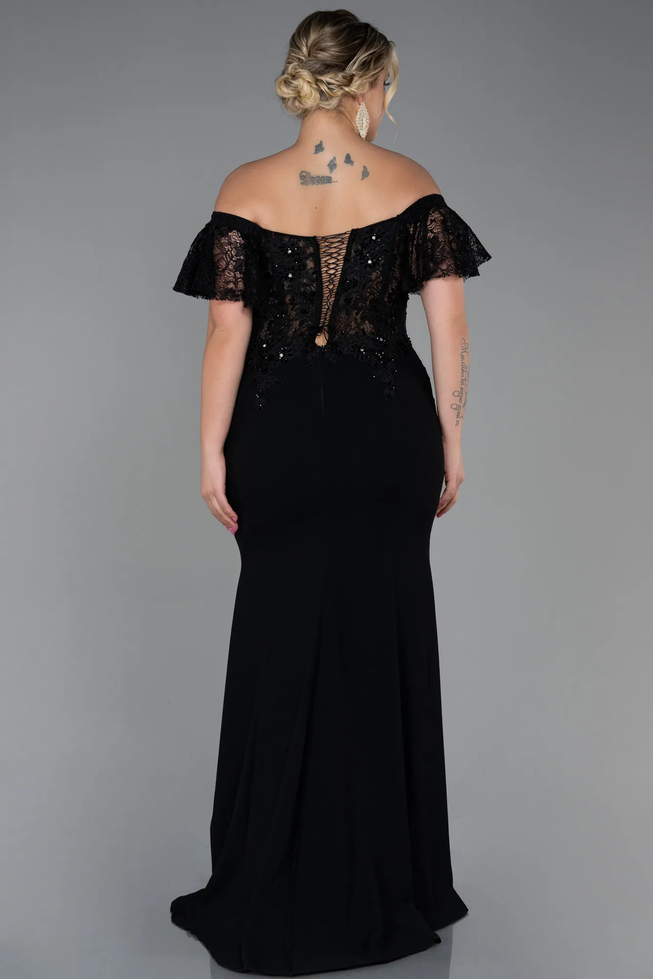 Black-Long Dantelle Plus Size Evening Dress ABU2571