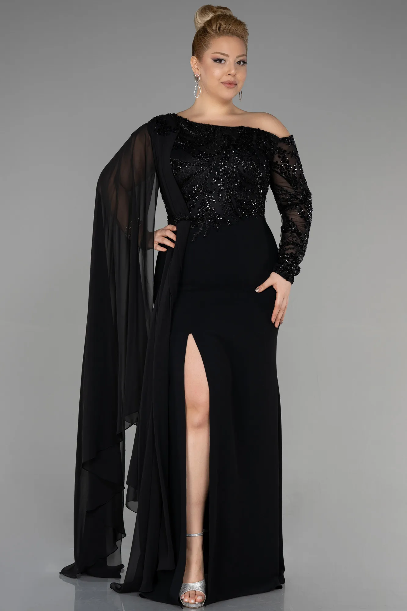 Black-Long Dantelle Plus Size Evening Dress ABU3512