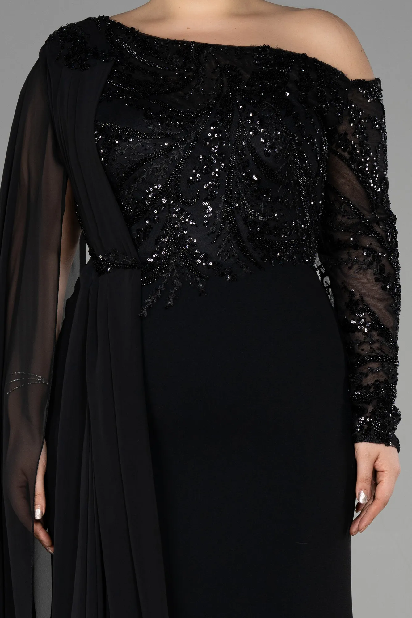 Black-Long Dantelle Plus Size Evening Dress ABU3512