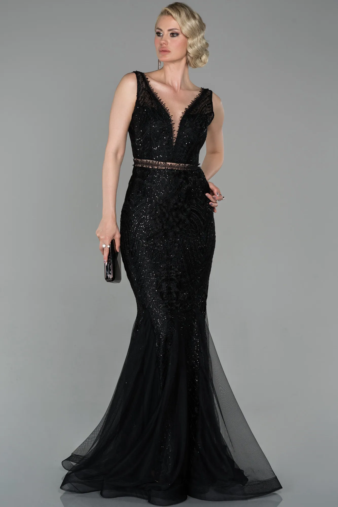 Black-Long Laced Evening Dress ABU1611