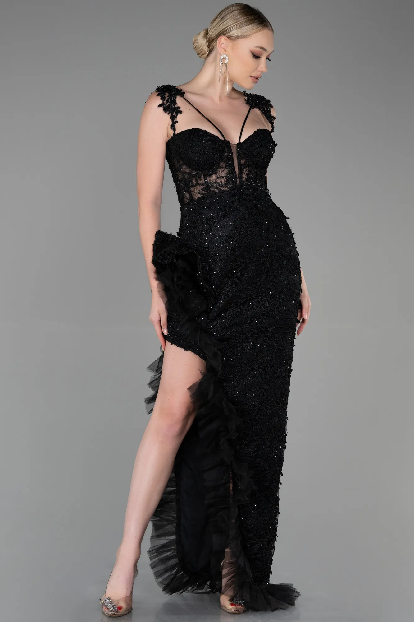 Black-Long Laced Evening Dress ABU3317