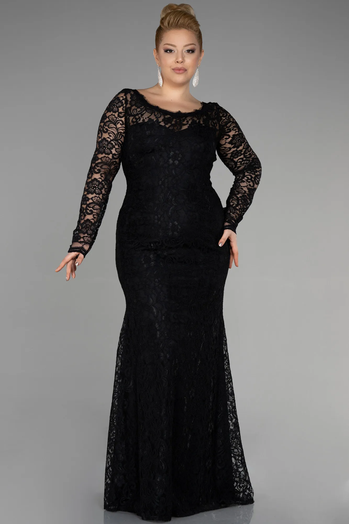 Black-Long Laced Oversized Evening Dress ABU1574