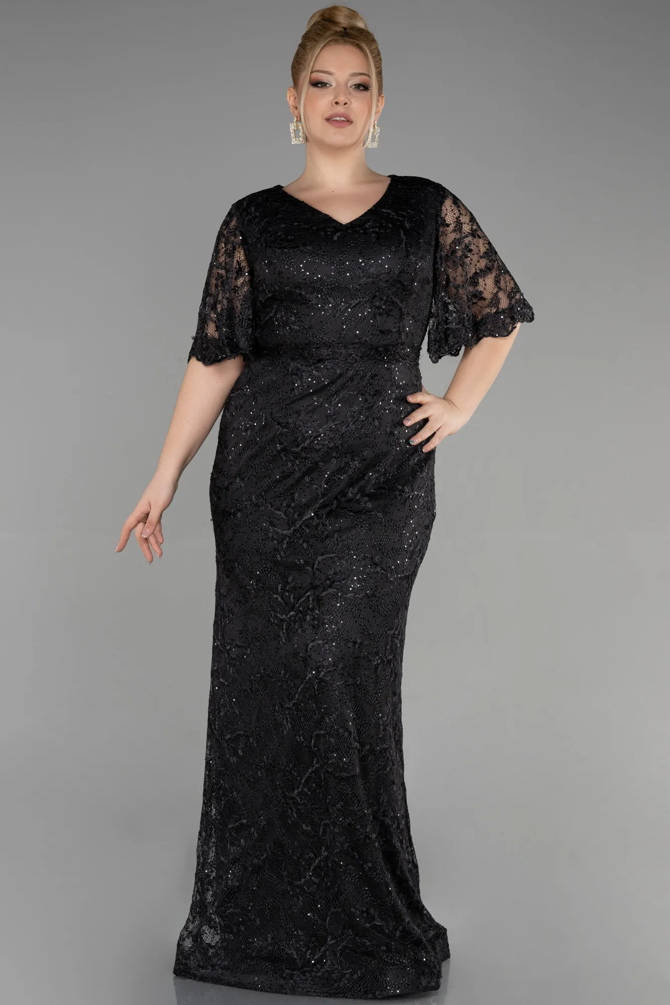 Black-Long Laced Plus Size Engagement Dress ABU3614