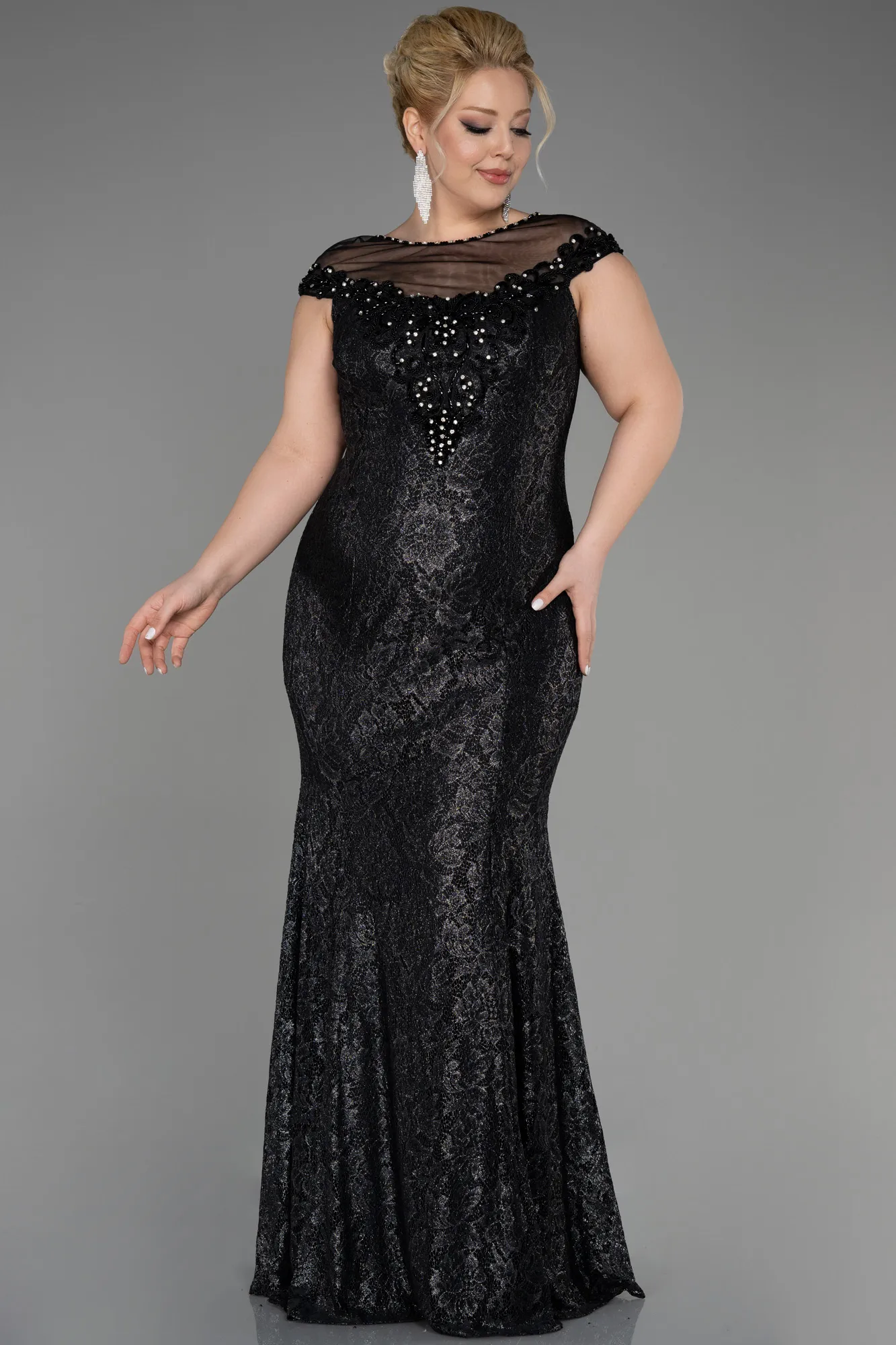 Black-Long Laced Plus Size Engagement Dress ABU3733