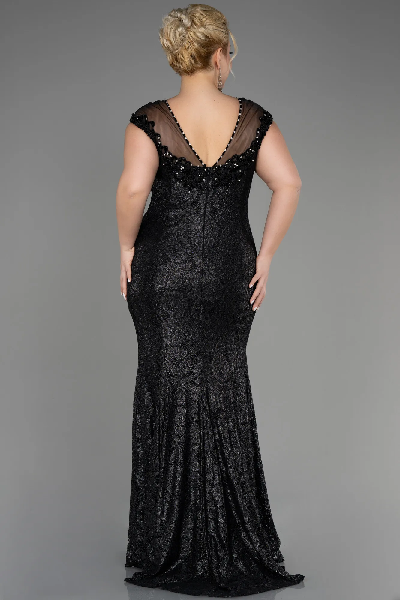 Black-Long Laced Plus Size Engagement Dress ABU3733