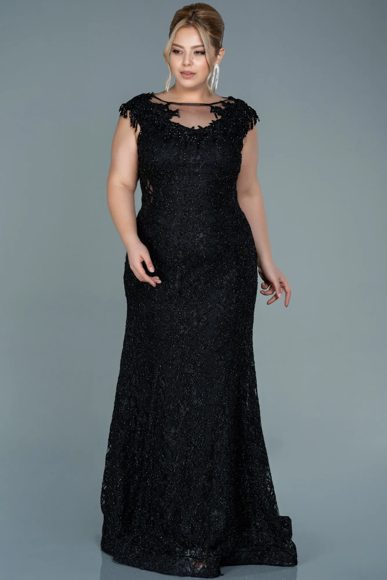 Black-Long Laced Plus Size Evening Dress ABU2650