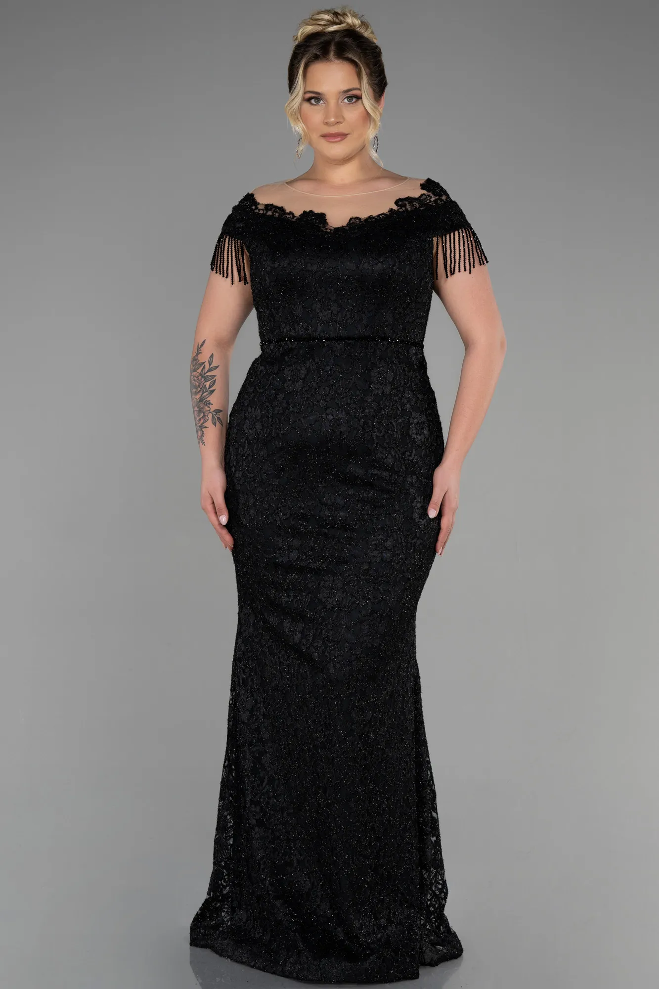 Black-Long Laced Plus Size Evening Dress ABU3435