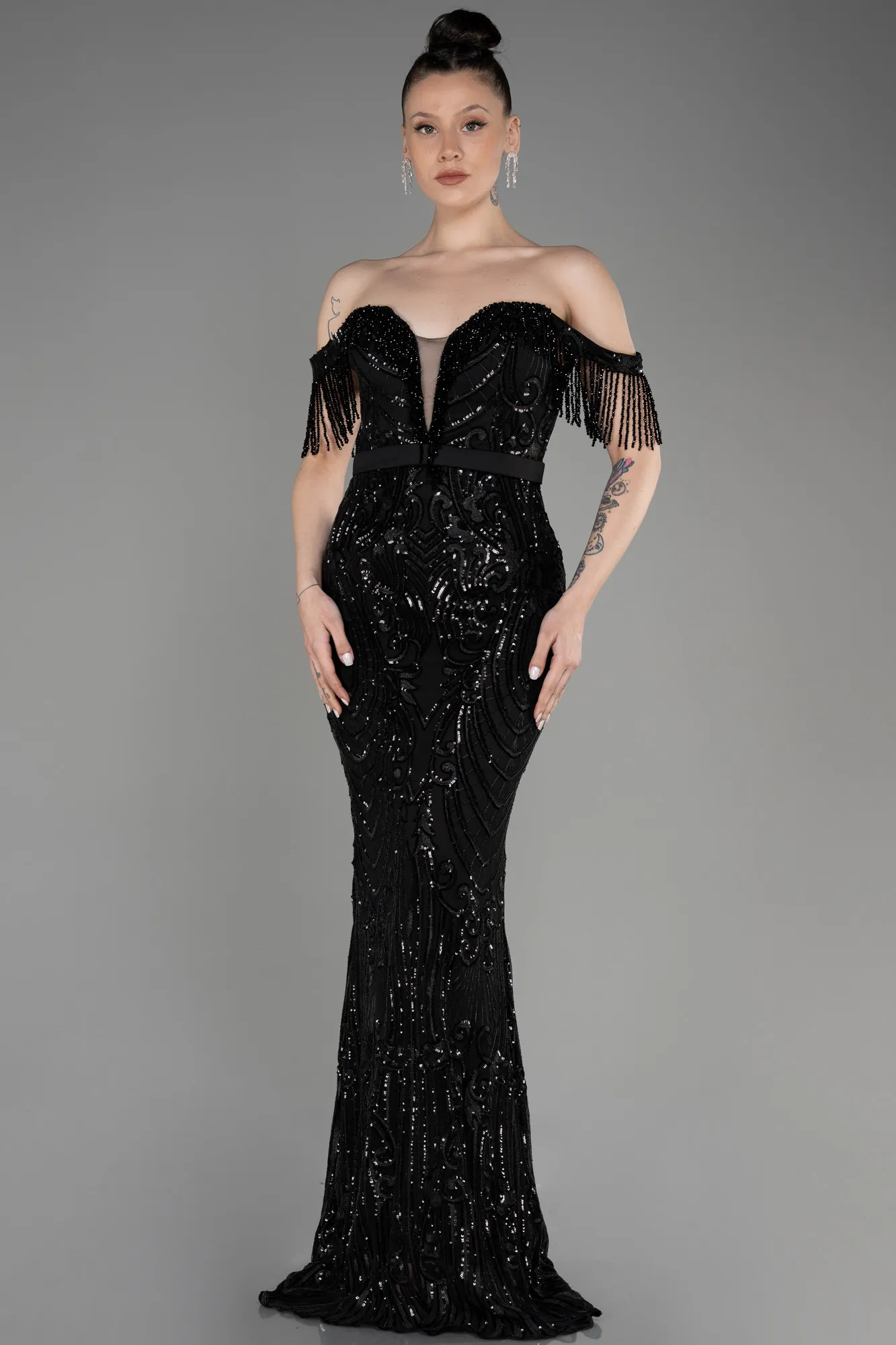 Black-Long Plus Size Engagement Dress ABU3785