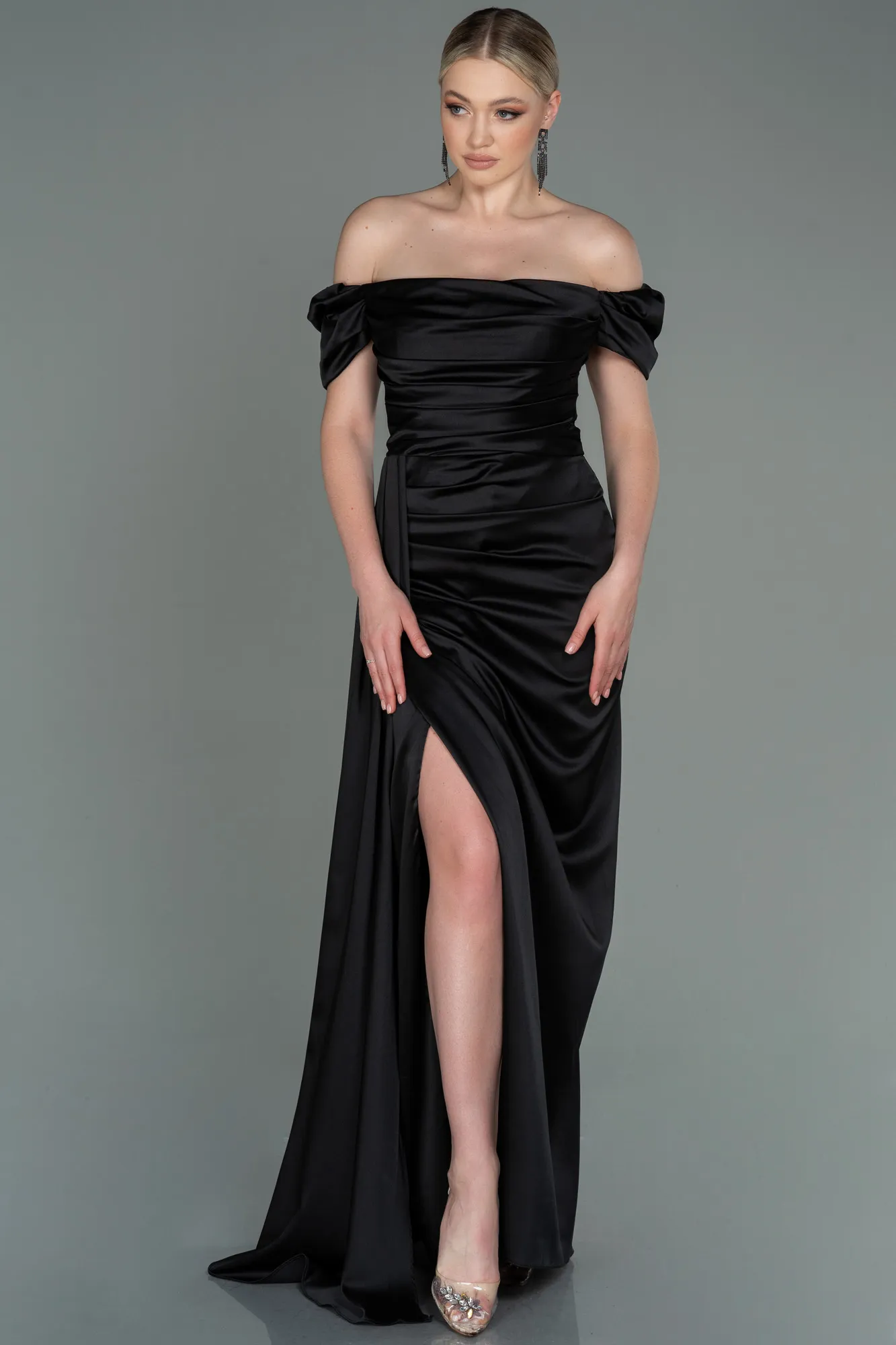 Black-Long Satin Engagement Dress ABU1606