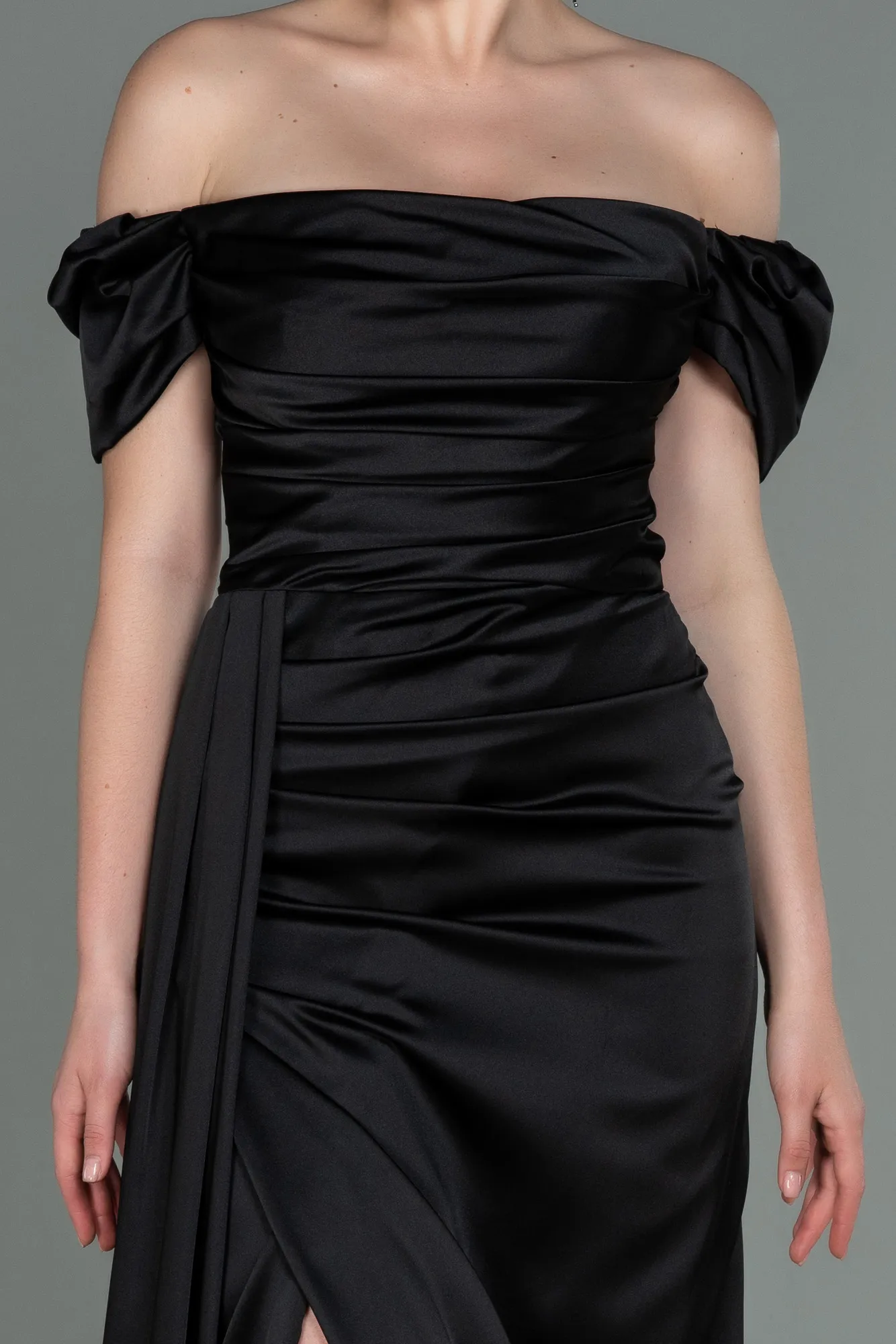 Black-Long Satin Engagement Dress ABU1606