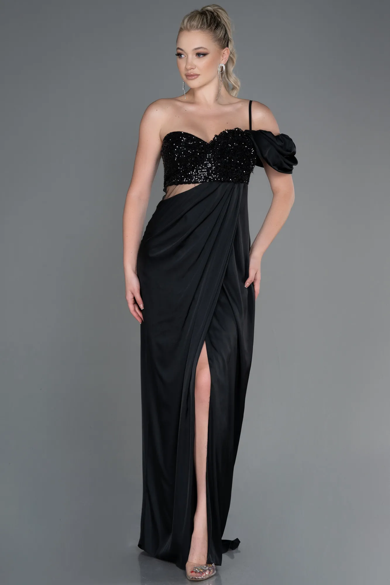 Black-Long Satin Engagement Dress ABU3250
