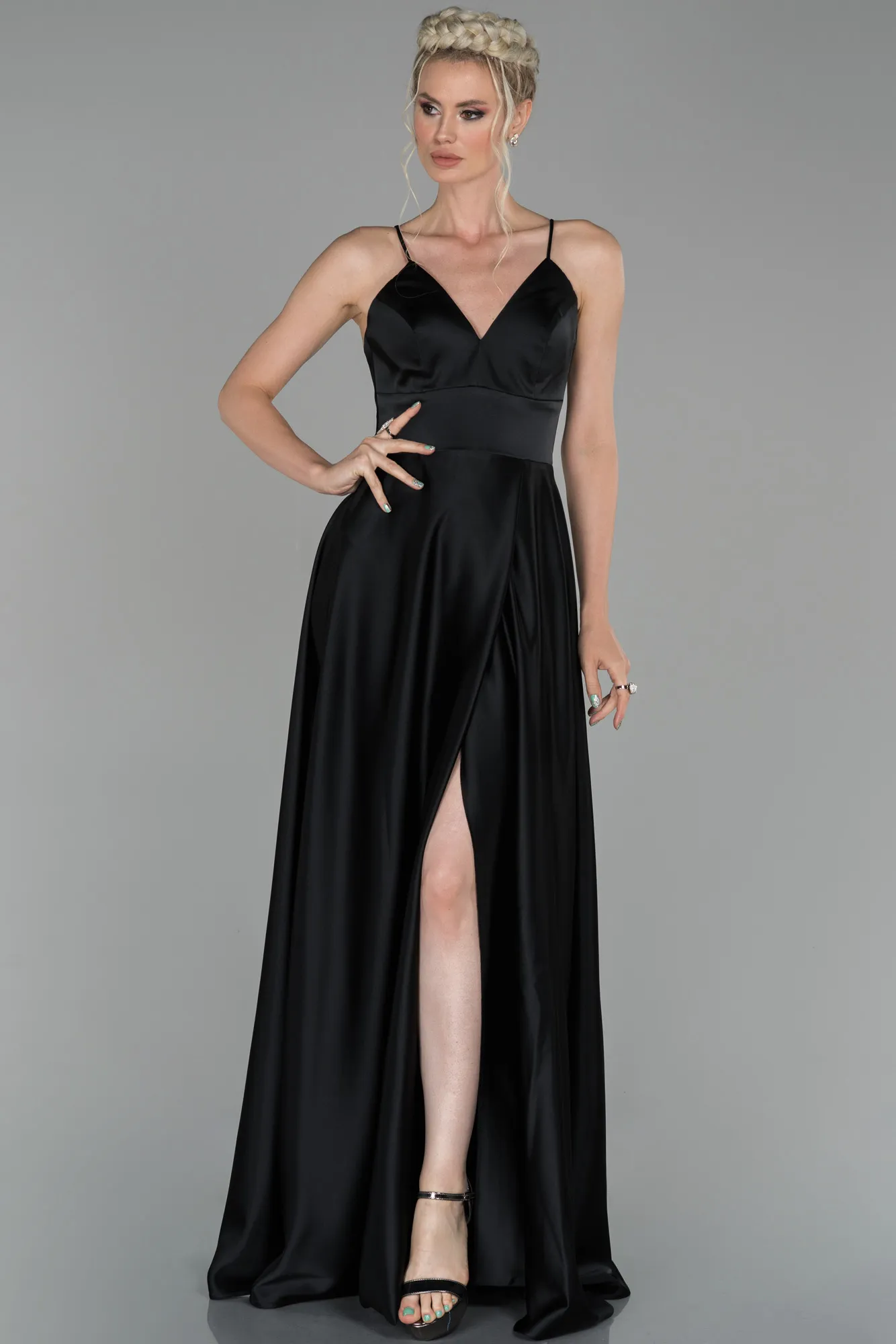 Black-Long Satin Evening Dress ABU1458