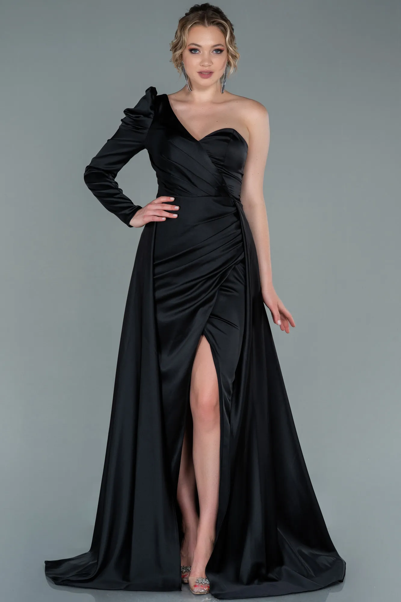 Black-Long Satin Evening Dress ABU1715