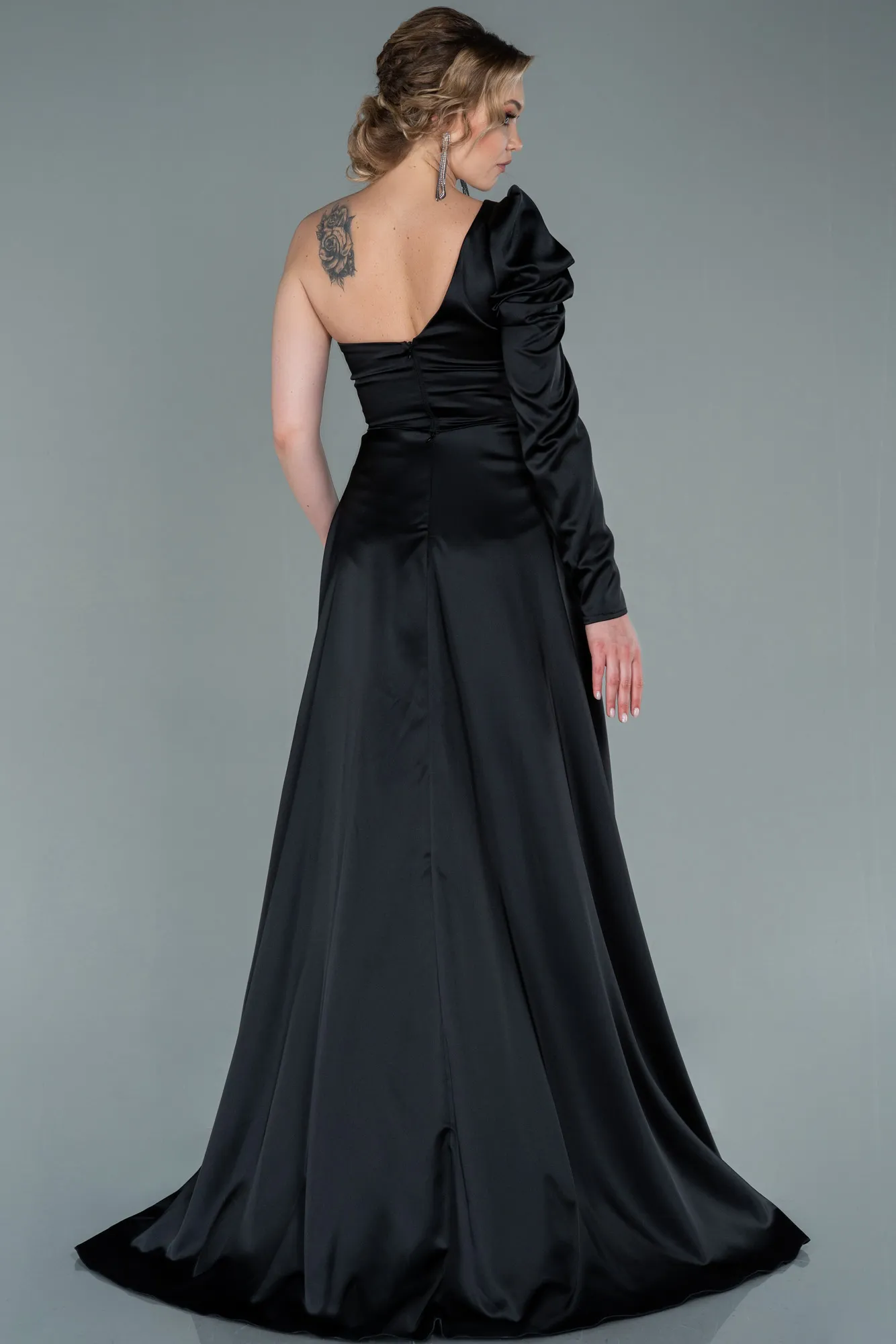 Black-Long Satin Evening Dress ABU1715