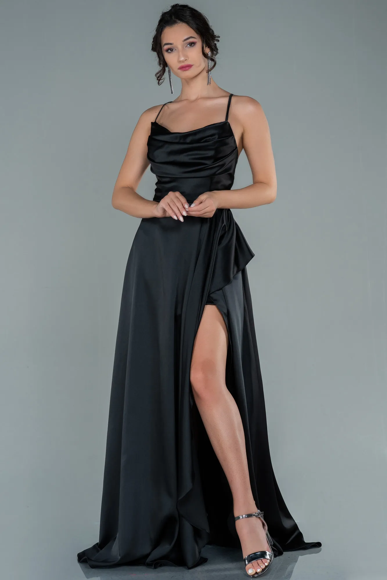 Black-Long Satin Evening Dress ABU1843